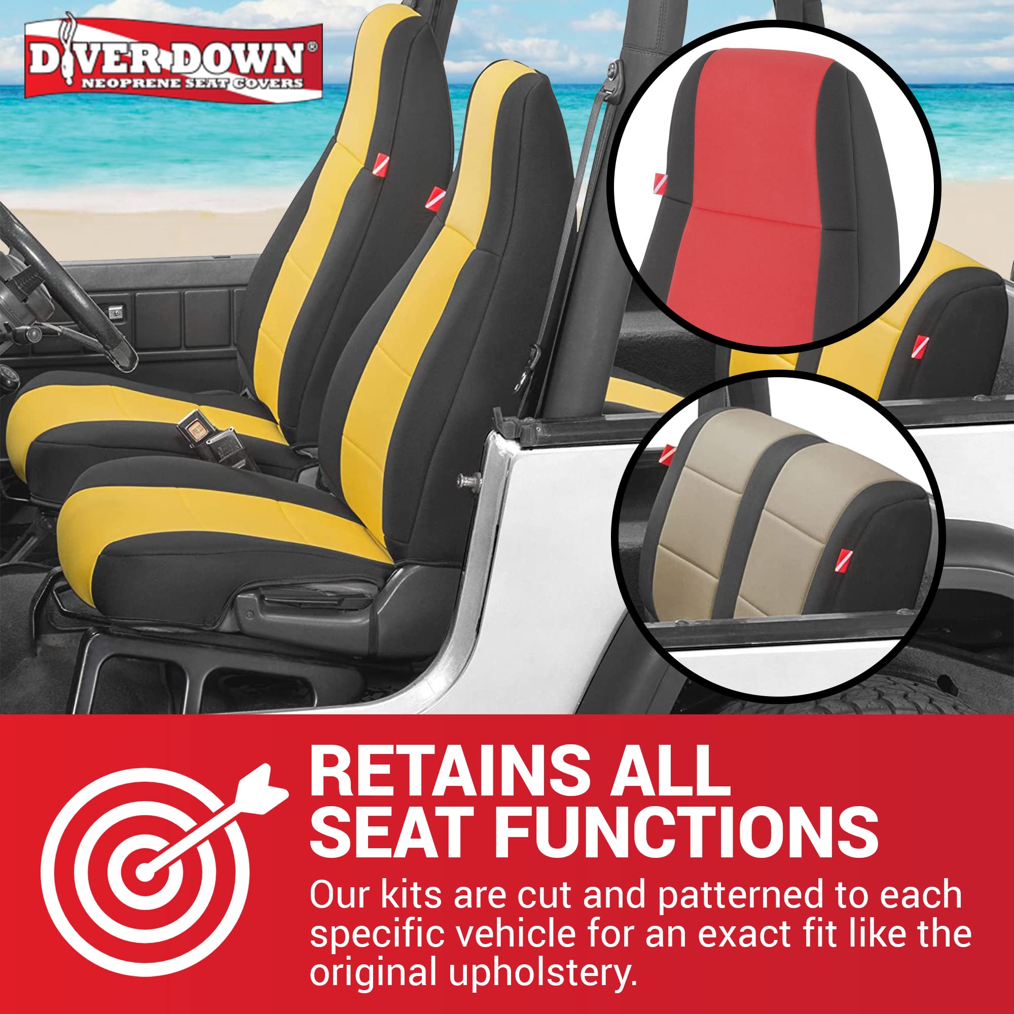 Diver Down Neoprene Seat Cover Set for Jeep YJ Wrangler 1987-1995 - Waterproof Custom Fit Front & Rear Seat Covers with Soft Padded Cushion - Thermal Resistant Protection (Blue, Fits 1992-1995 Models) - Perfect for Off-Roading, Beach Trips & Outdoor Adventures
