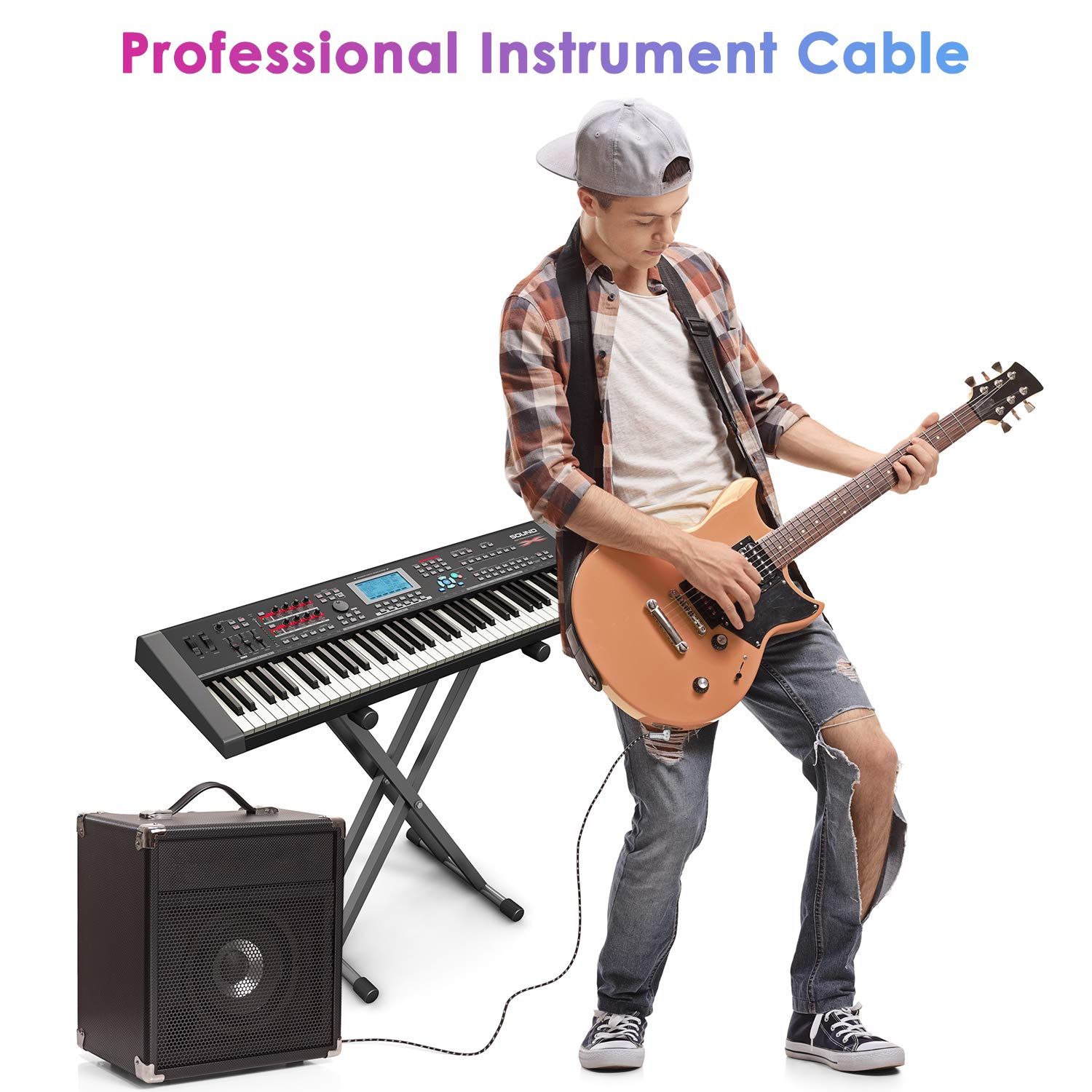 10FT Guitar Cable 2 Pack - 1/4 Inch Right Angle Instrument Cable for Electric Guitar, Bass, Keyboard & AMP (Black & White) - Durable Audio Cord for Live Performances, Studio Recording & Home Practice