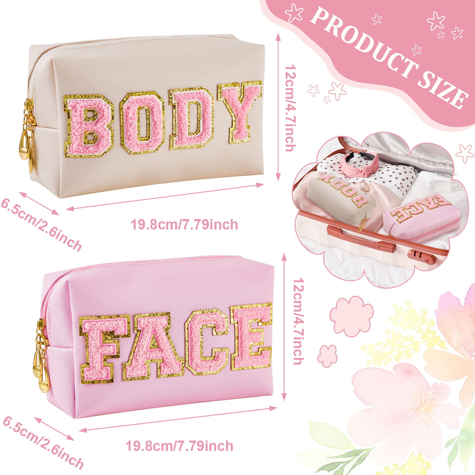 Preppy Makeup Bags 2 Pack - Aesthetic Chenille Letter Patch Cosmetic Bag for Face, Skin & Hair Care - Travel Zipper Pouch Makeup Organizer (White & Pink) - Perfect Graduation Gift for Girls & Women - Great for Travel, Gym & Daily Beauty Routine