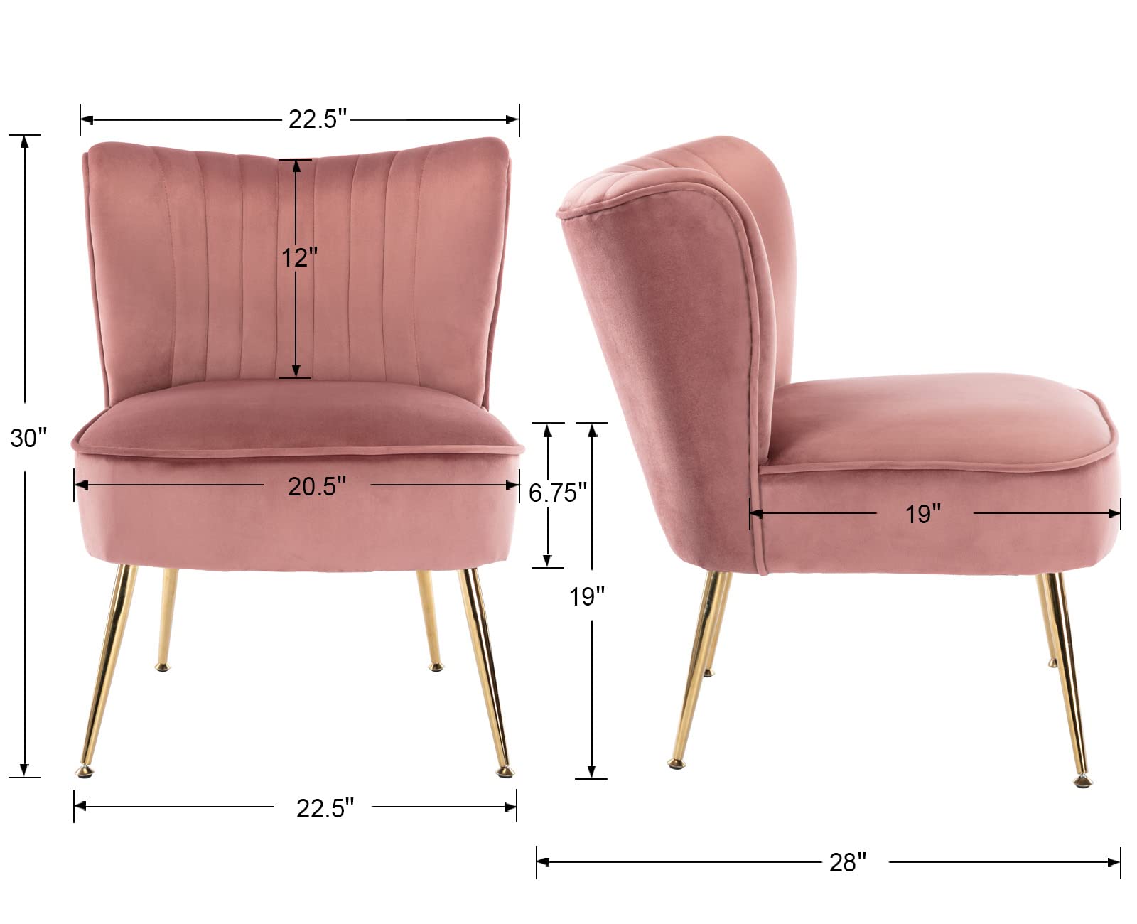 CIMOTA Velvet Accent Chairs Set of 2 - Modern Armless Slipper Chairs with Golden Legs, Wingback Design for Living Room, Bedroom & Office - Soft Pink Upholstered Lounge Seating for Reading Nook, Guest Room or Cozy Corner