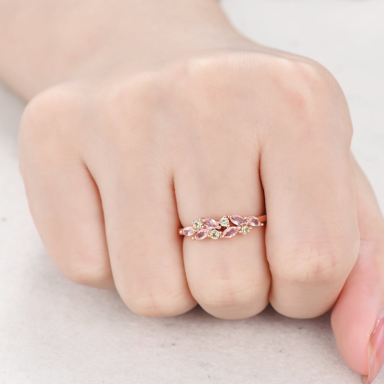 14k Rose Gold Morganite Peridot Cluster Wedding Band for Women - Elegant Dainty Engagement Ring, Promise Ring or Anniversary Jewelry Gift