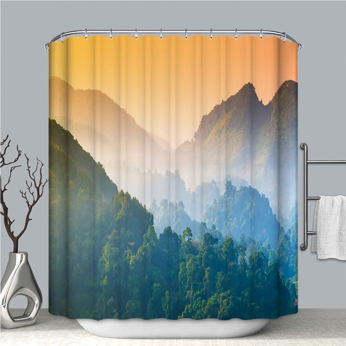 GRETIFY Waterproof Shower Curtain - Misty Mountain Sunrise Panoramic View (66x72 Inch) | Odorless, Water Repellent Fabric for Bathroom Decor | Perfect for Nature Lovers & Spa-Style Bathrooms