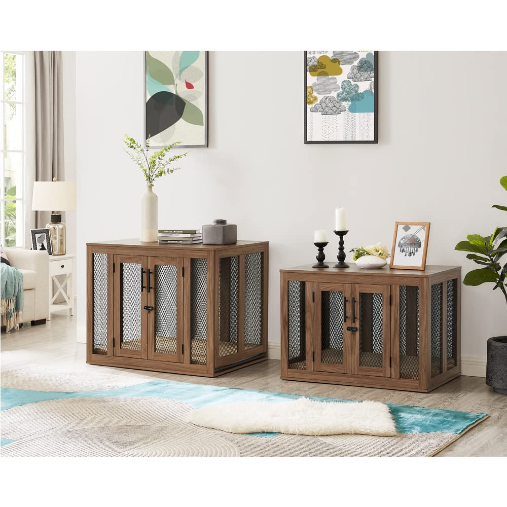 Unipaws Modern Wooden Dog Crate with Tray - Large Indoor Pet Kennel House Cage with Door, Aesthetic Walnut End Table & Nightstand for Living Room, Bedroom Decor | Perfect for Home, Office & Apartment Use