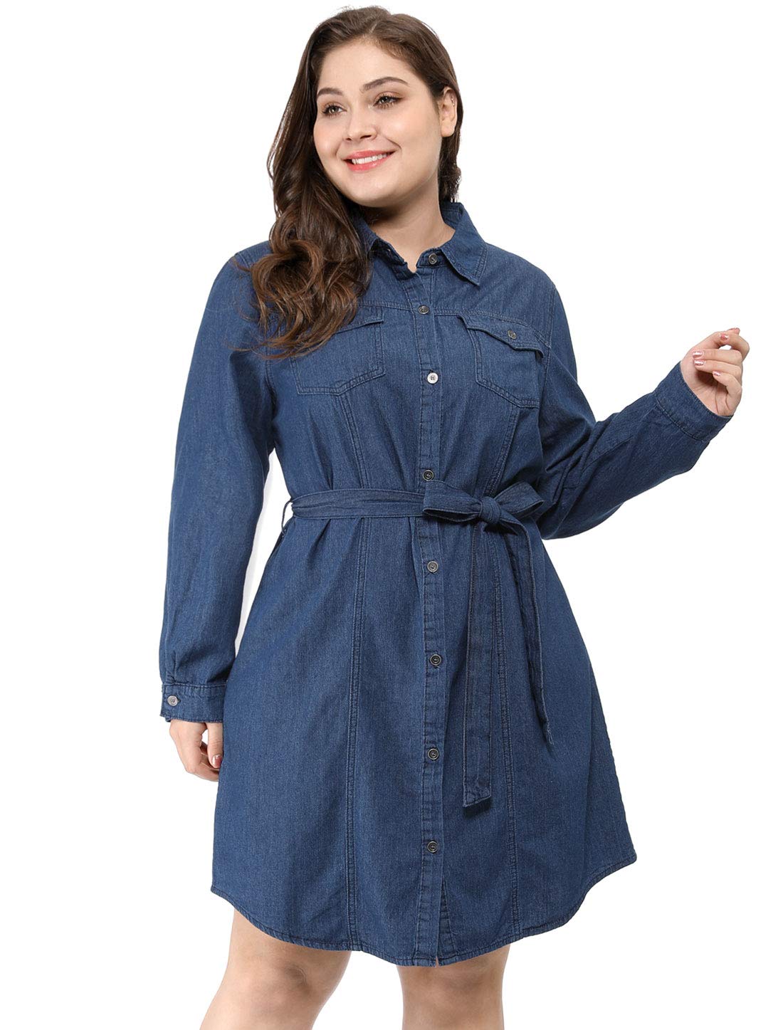 Agnes Orinda Women's Plus Size Denim Midi Dress - Button Down Long Sleeve Jean Shirt Dress for Casual Wear, Office & Date Night Outfits