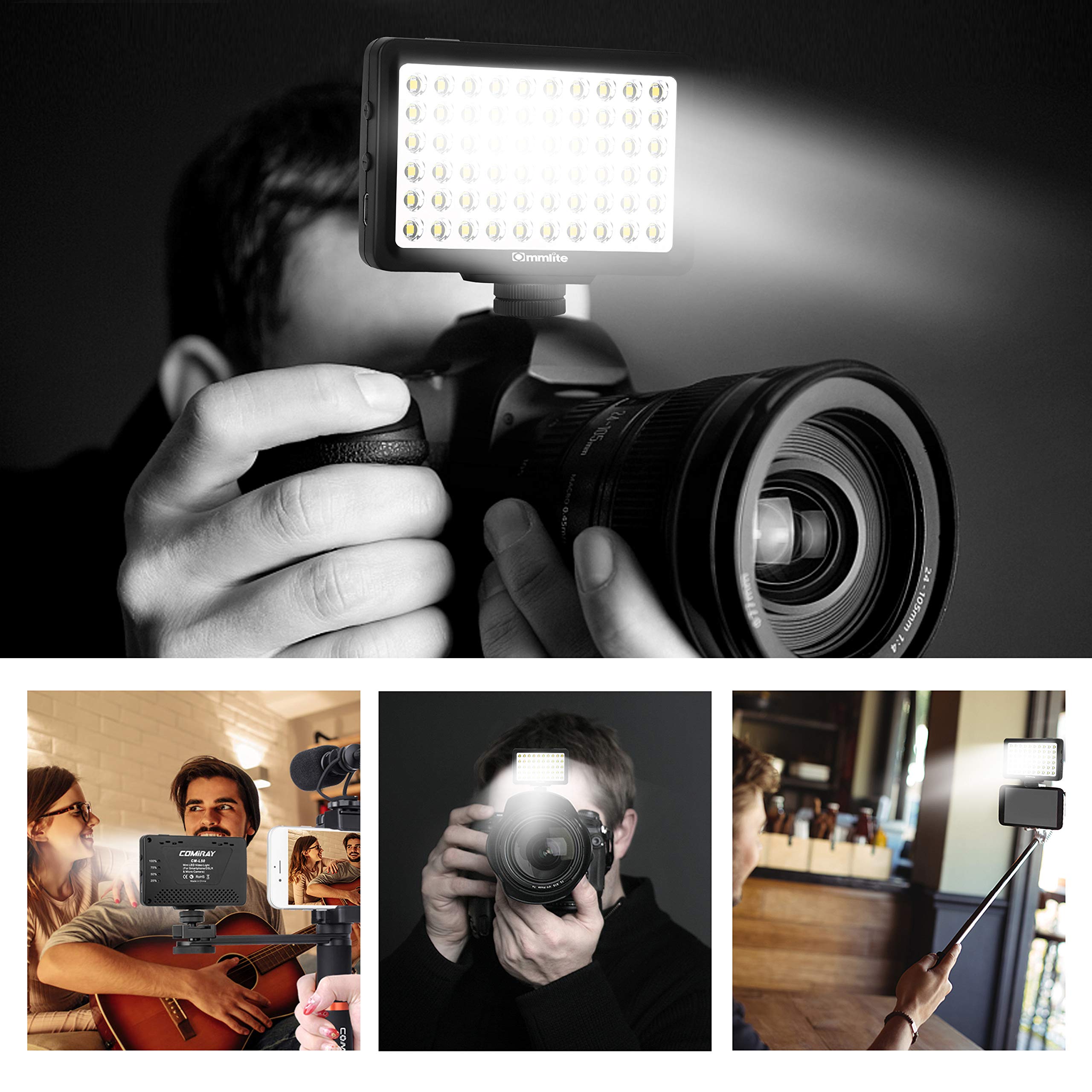 Commlite CM-L50 LED Camera Video Light - 50 LED 5700-6000K Dimmable Mini Panel Light for Smartphones & DSLR Cameras (Canon, Sony, Nikon, iPhone, Samsung, Huawei) - Perfect for YouTube, Vlogging, Photography & Live Streaming