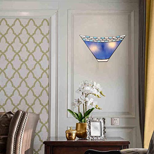 LITFAD 8 Inch Blue Geometric Stained Glass Tiffany Wall Sconce - Two-Light Hallway Fixture for Bedroom, Hotel & Restaurant Decor - Perfect for Ambient Lighting in Corridors, Entryways and Dining Areas