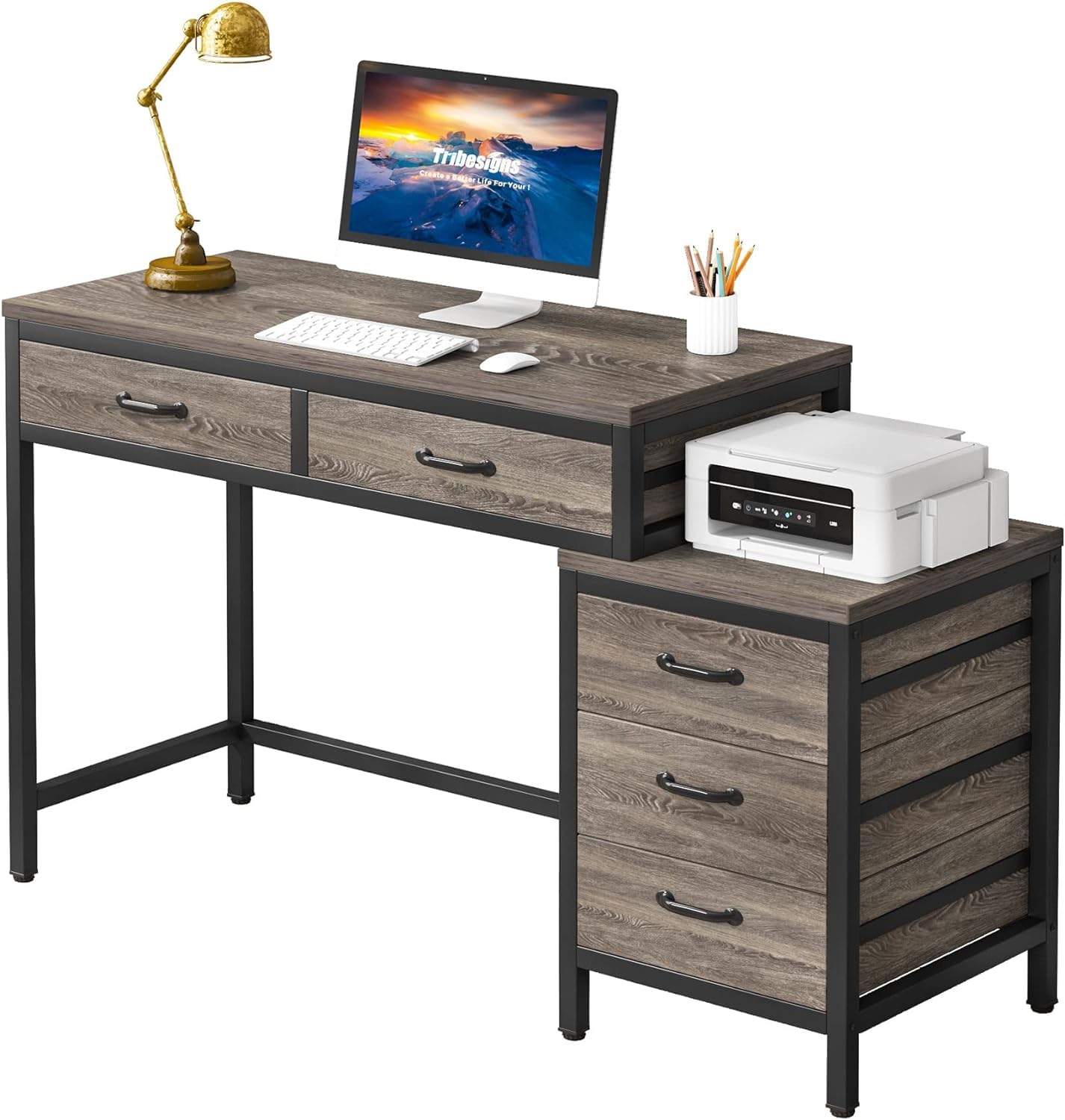 Tribesigns 55 Inch Computer Desk with 5 Drawers & Storage Cabinet - Industrial Style Home Office Desk, Study Writing Table Workstation for Small Spaces - Perfect for Remote Work, Gaming & Home Office Setup