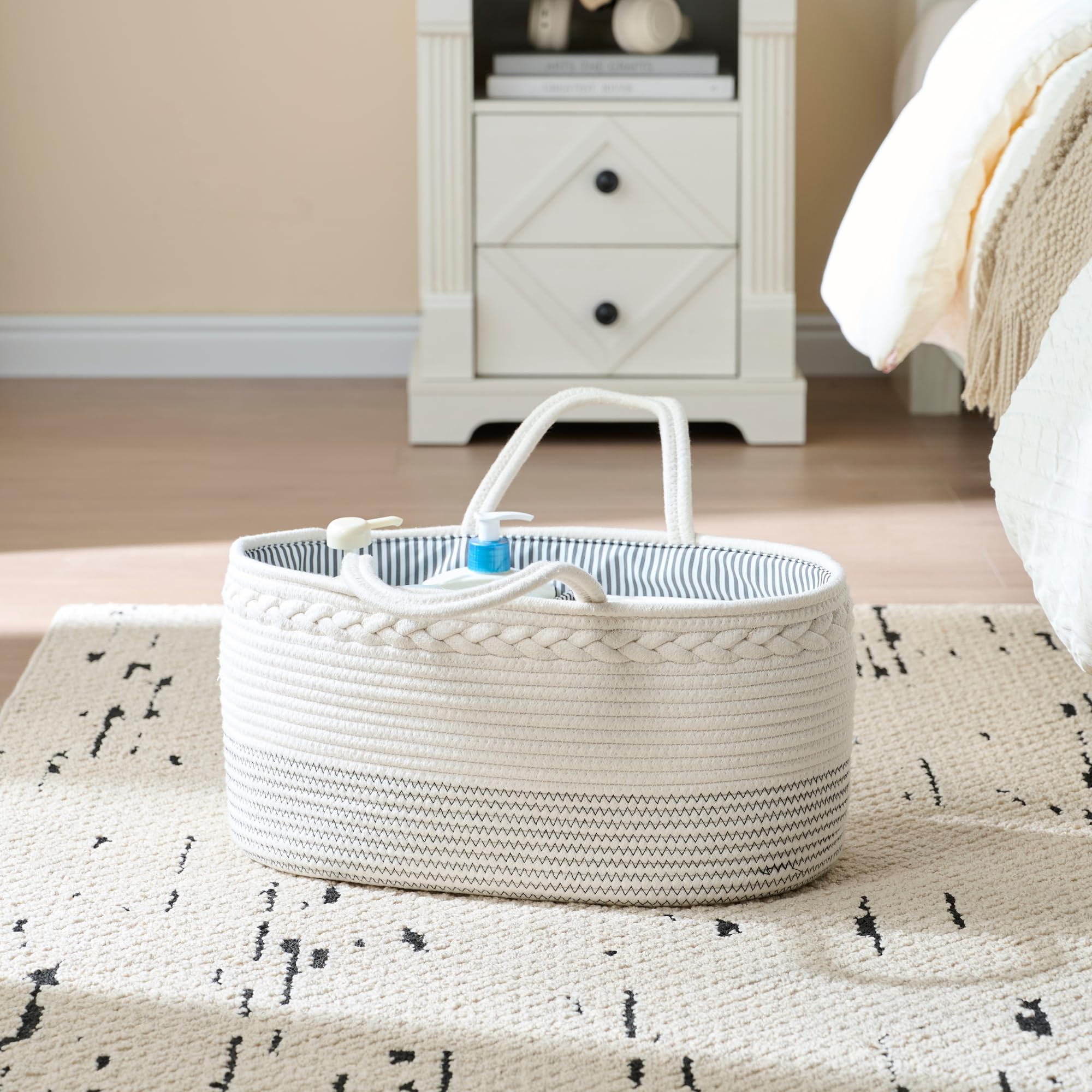 Premium Extra Large Baby Diaper Caddy Organizer - Cotton Rope Nursery Storage Basket with Dividers, Portable Changing Table Organizer & Car Storage Tote - Perfect Baby Shower Gift for Newborns (Great for Nursery, Travel & On-the-Go Parents)