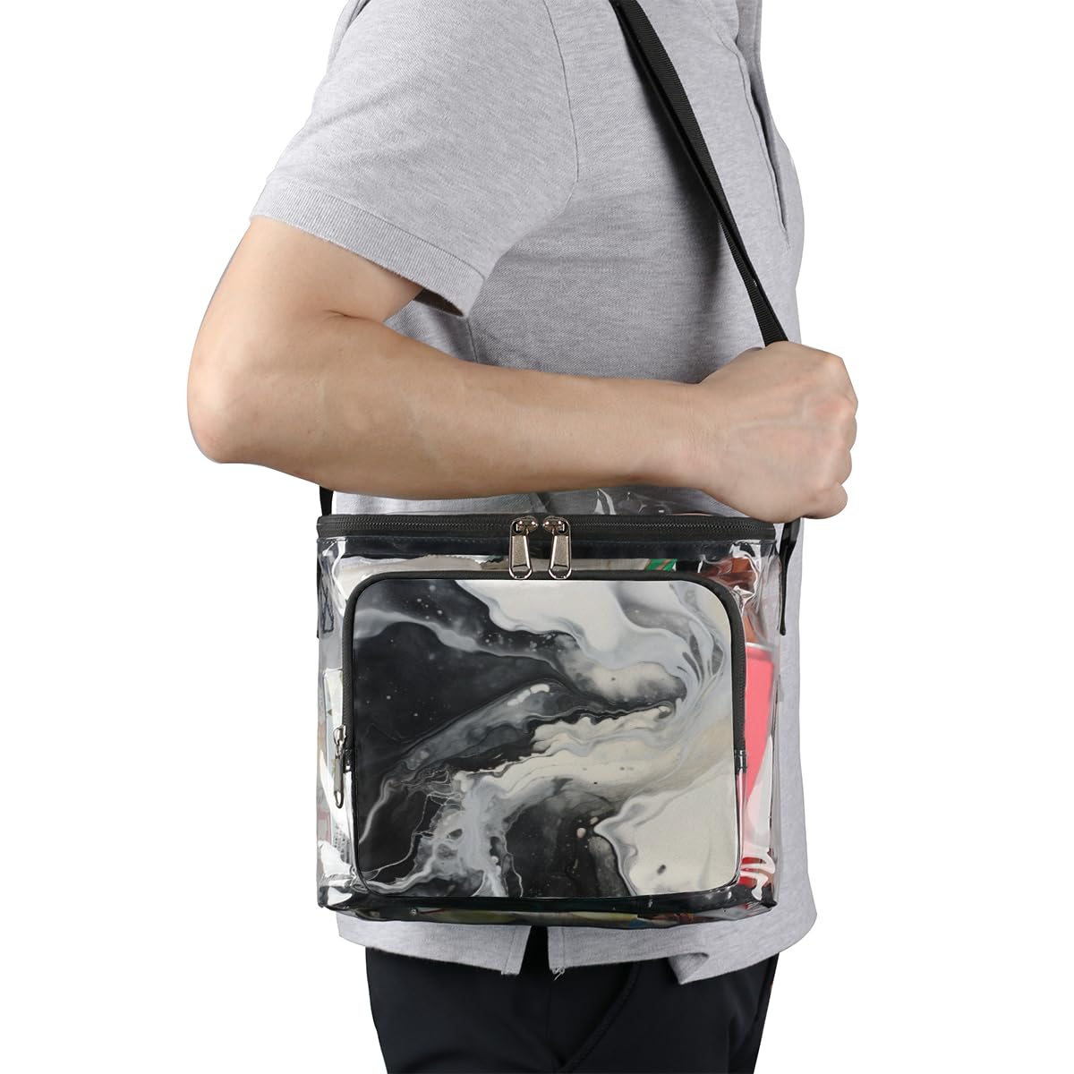 GzLeyigou Marble Print Clear Tote Bag with Handles - Black & White Marble Pattern Transparent Crossbody Shoulder Bag for Women | Perfect for Lunch, Outdoor Travel, Picnic, Concerts & Sports Events | Stadium Approved Multipurpose Purse