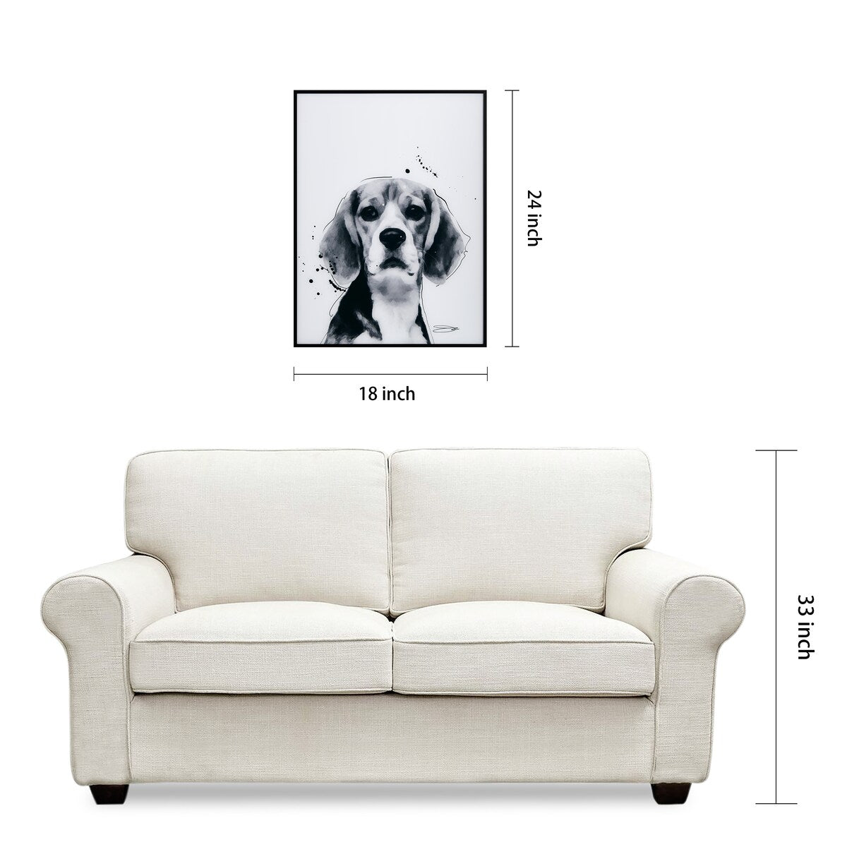 Beagle Black and White Pet Portrait - Printed Glass Art with Black Anodized Frame - Perfect for Home Decor, Living Room Wall Art & Dog Lover Gifts