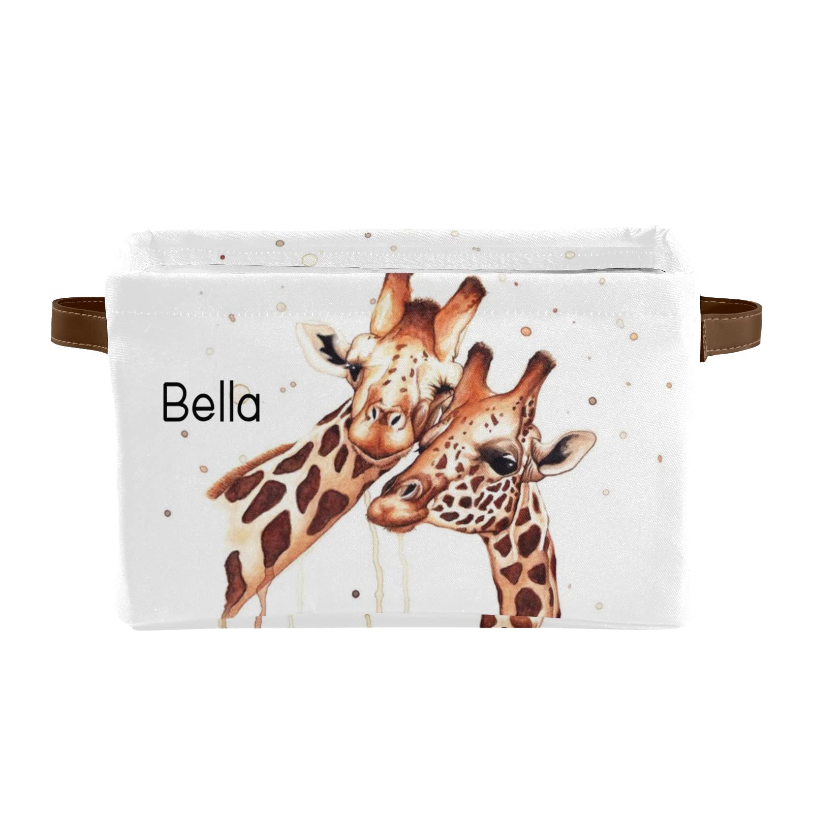 Personalized Watercolor Giraffe Canvas Storage Bins with Name - 2 Pack Nursery Closet Organizers with Leather Handles for Baby Room, Bathroom & Office Organization | Perfect for Toys, Books & Home Decor Storage