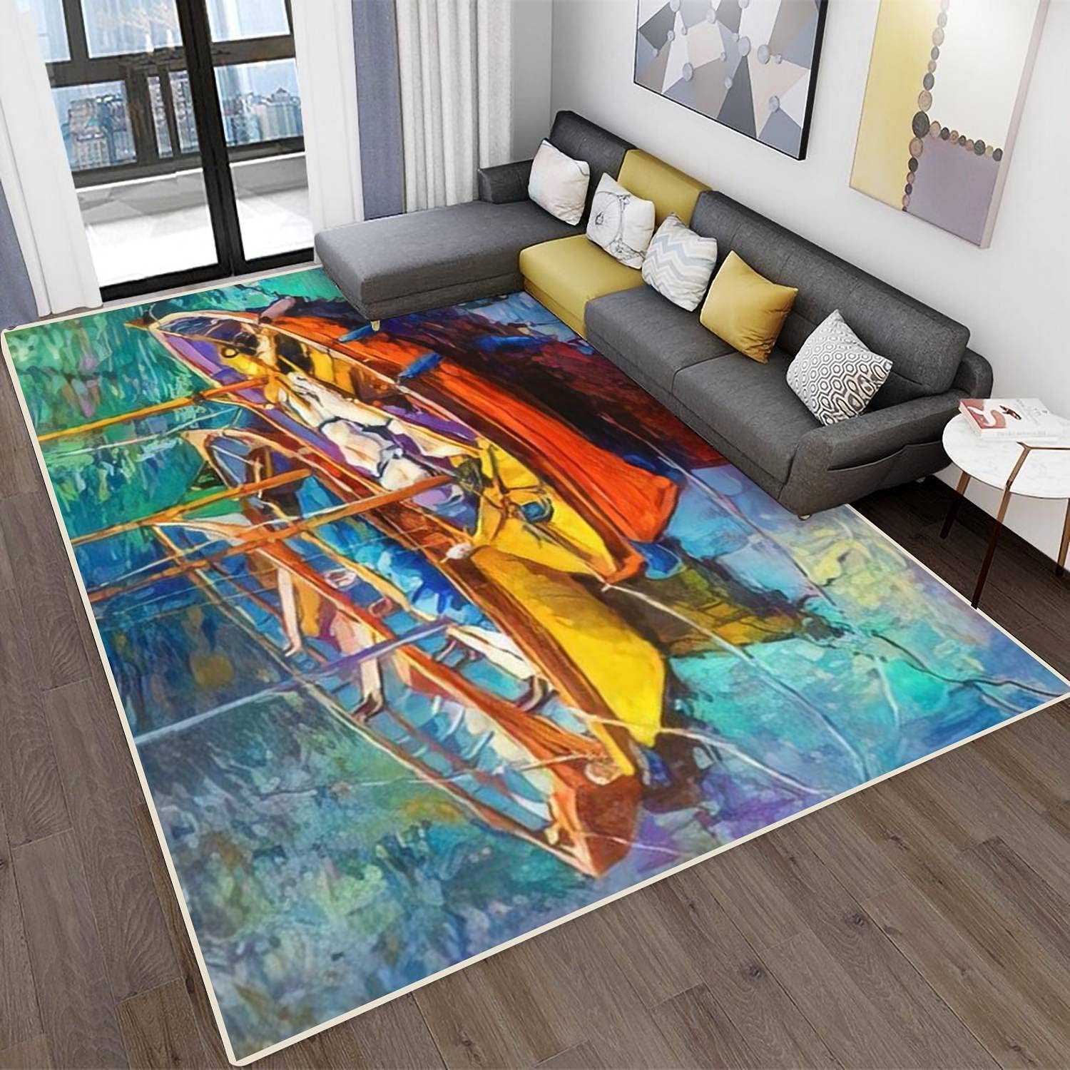 Modern Abstract Area Rugs - Stain Resistant Carpet Mat Pad for Living Room, Kitchen, Bedroom & Bathroom - Original Oil Painting Inspired Canvas Design with Boats & Sunset - Rectangular Home Decor for Cozy Spaces & High Traffic Areas