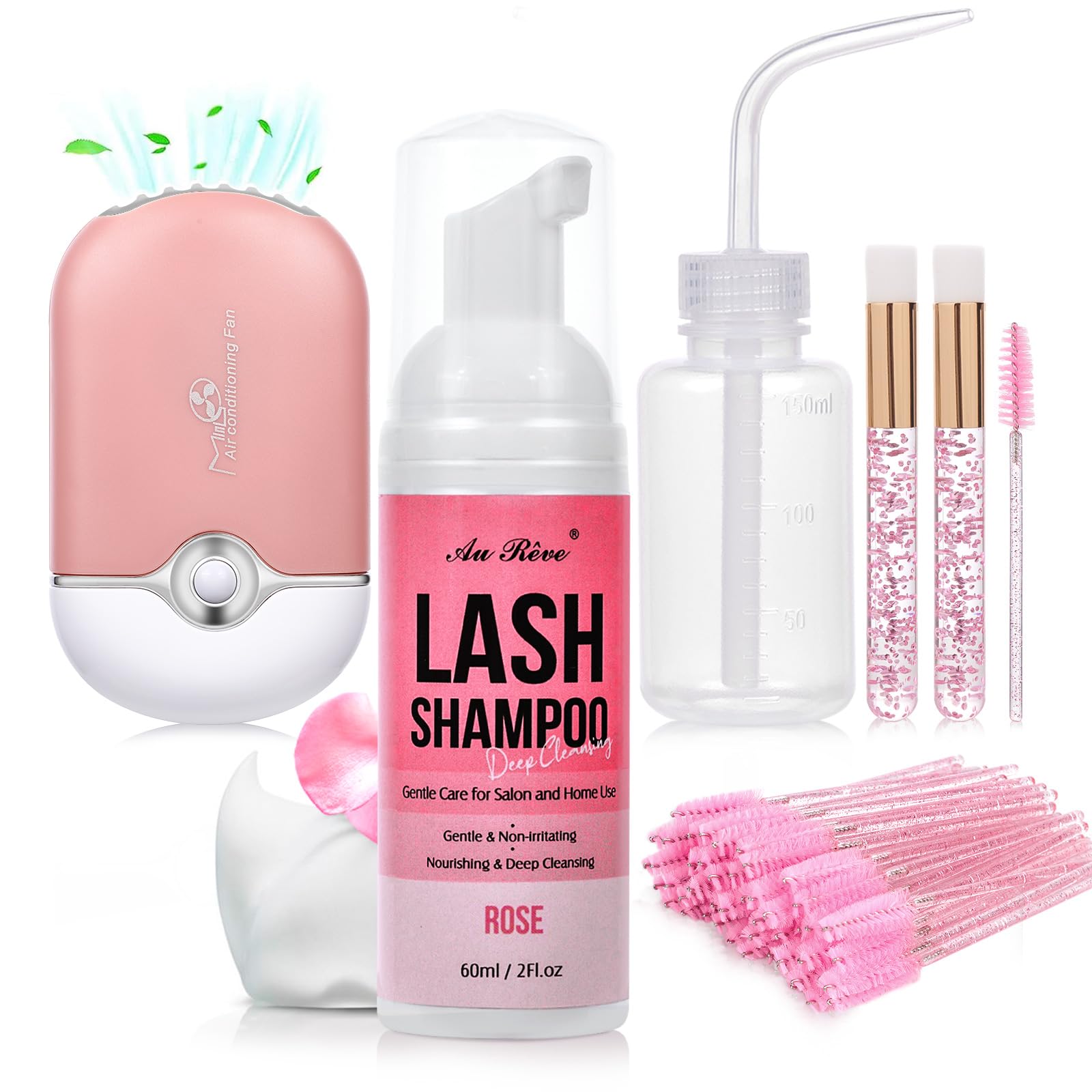 **Gentle Foaming Eyelash Extension Shampoo 60ml (2fl.oz) - Lash Cleanser with Brush & Wash Bottle - Safe for Salon & Home Use - Rose Scented - Perfect for Daily Lash Care & Extensions Maintenance**    *(Use Case: Ideal for professional lash artists, salon treatments, or at-home lash care to keep extensions clean, long-lasting, and irritation-free.)*