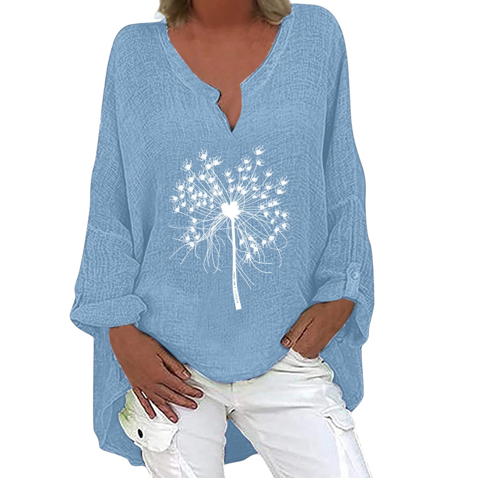 Women's Long Sleeve V-Neck Pullover Blouse with Dandelion Print & Irregular Hem - Casual T-Shirt Top for Everyday Wear, Office & Date Nights