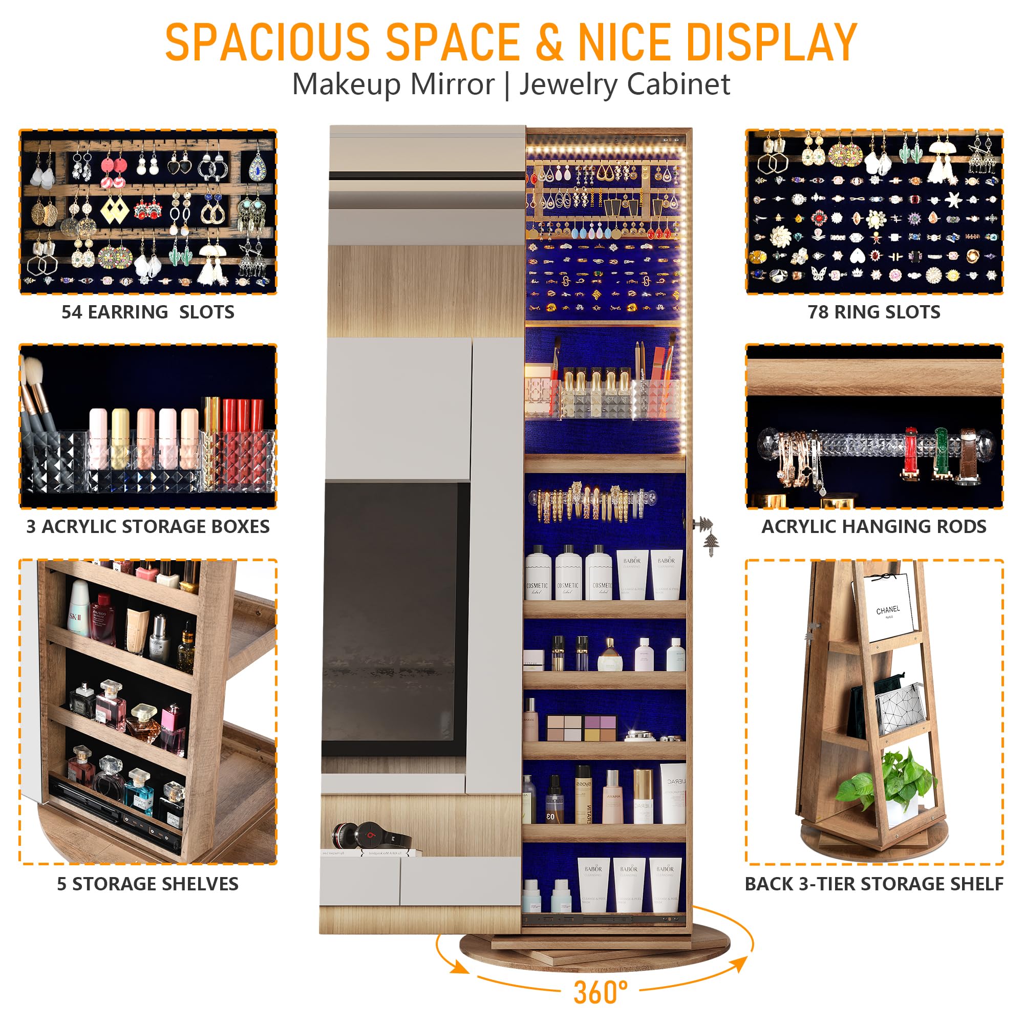 360° Swivel Jewelry Mirror Cabinet with LED Lights - 63