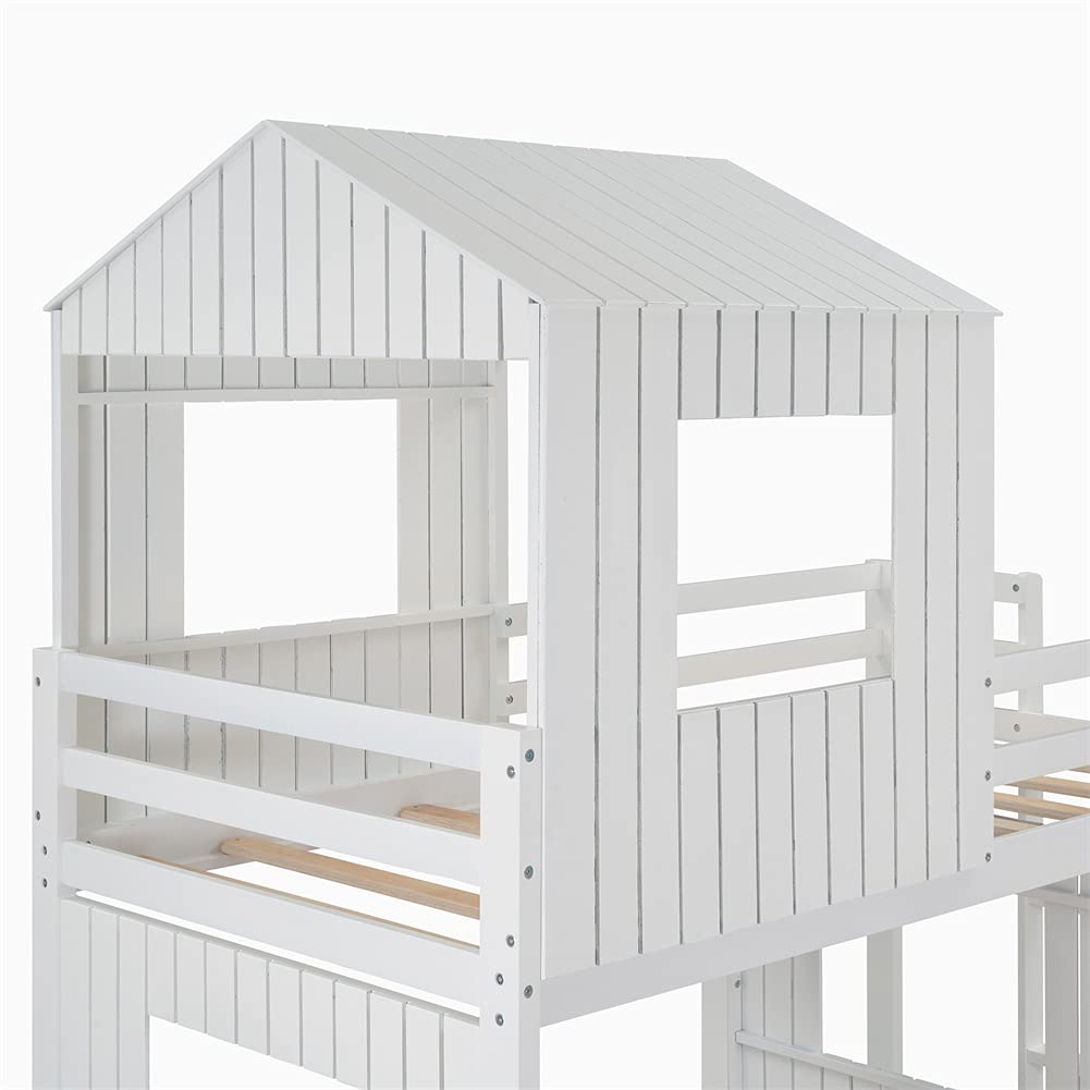 **Wooden Twin Over Full Loft Bunk Bed with Guardrails & Ladder - Kids House Bunk Bed for Siblings, Easy Assembly, White - Perfect for Small Bedrooms & Shared Spaces**