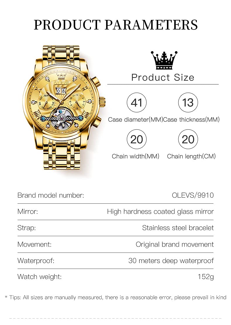 OLEVS Automatic Gold Watches for Men - Luxury Stainless Steel Chronograph with Date Display, Luminous Hands, 50M Waterproof - Perfect for Business, Formal Events & Daily Wear