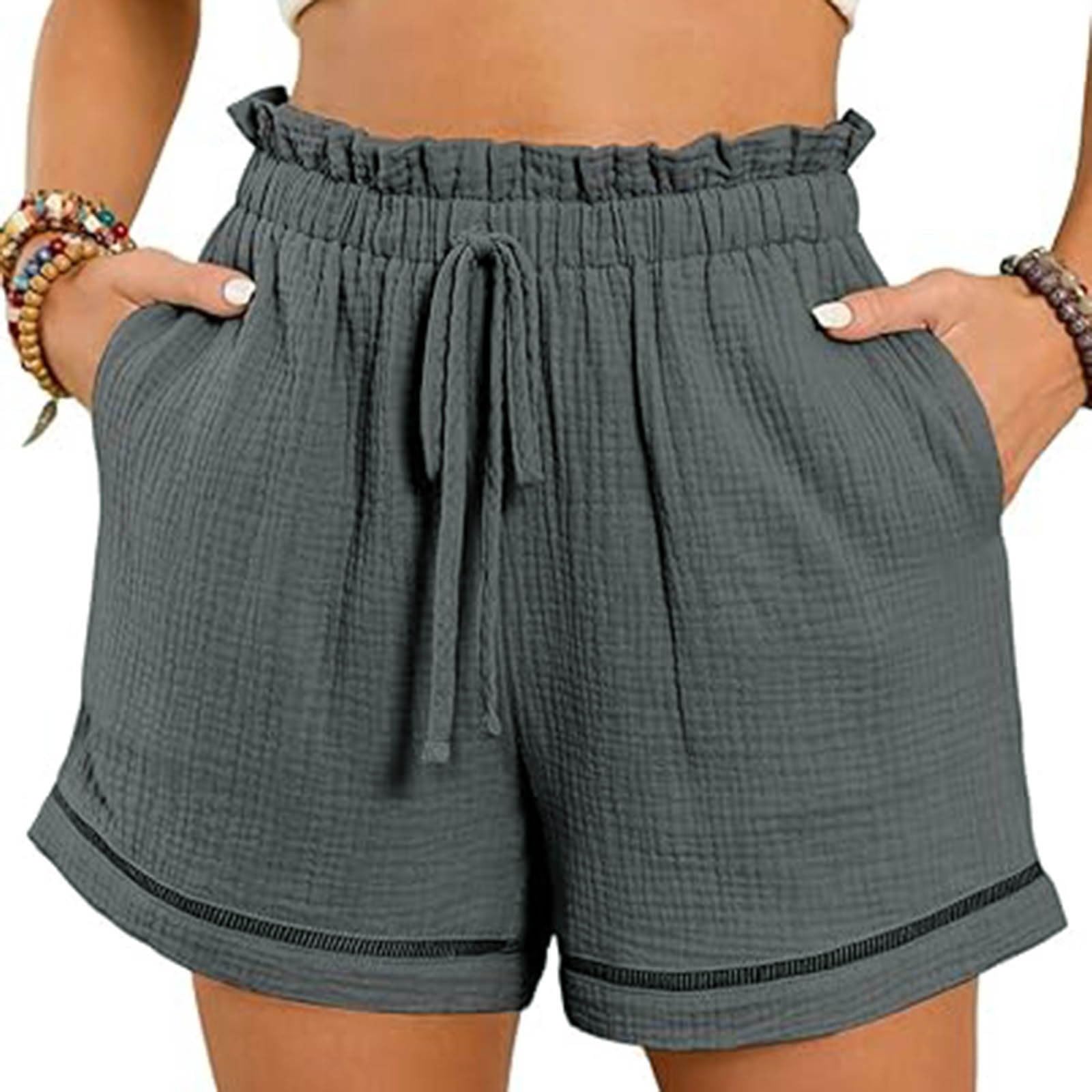 Women's Linen Shorts with Drawstring Waist & Pocket - Summer Athletic Wear