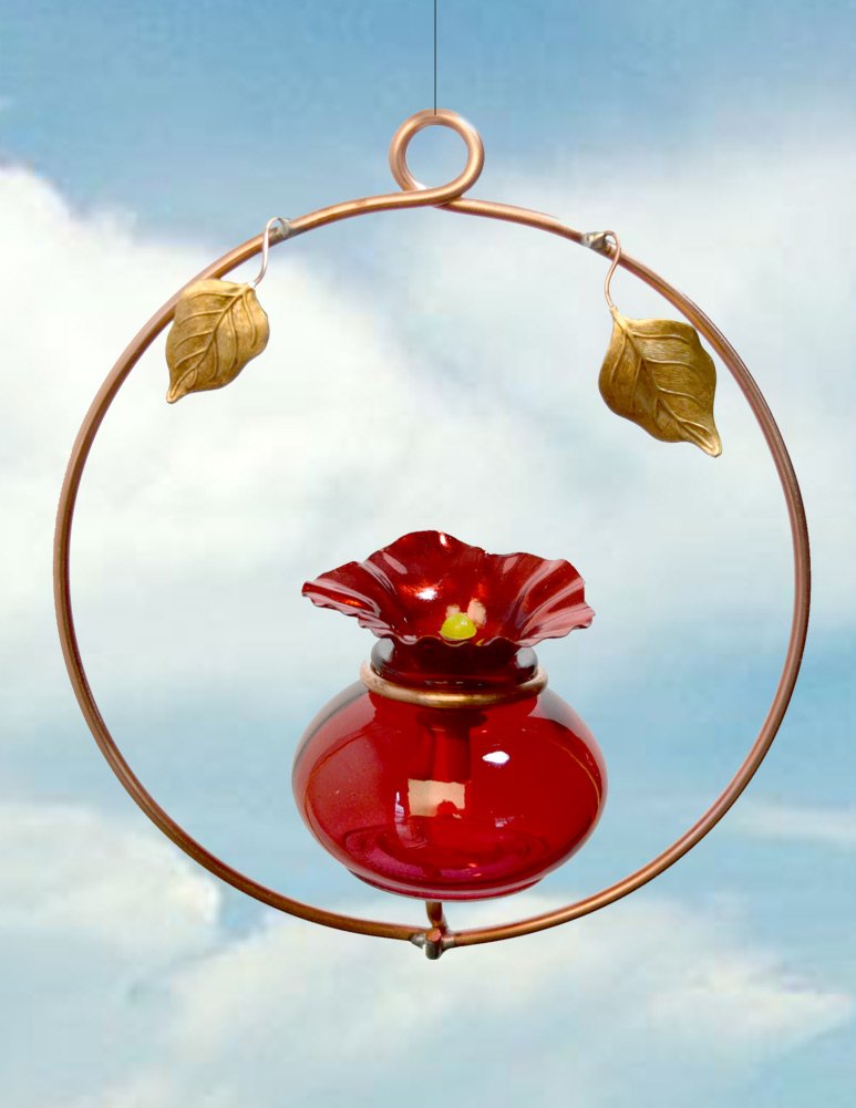 Handmade Copper Hoop Hummingbird Feeder with Glass Reservoir - American Made Garden Decor for Outdoor Bird Watching & Backyard Wildlife Attraction