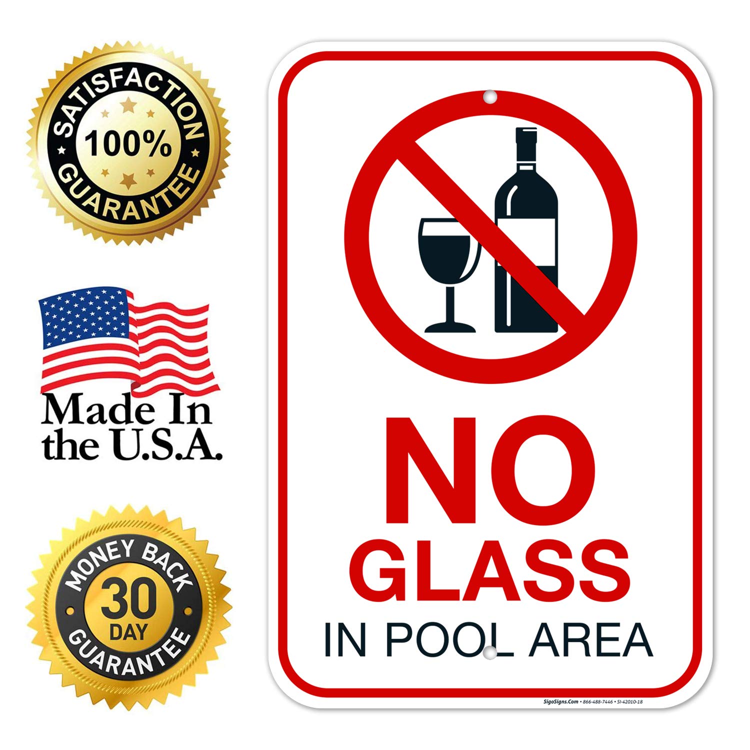 No Glass in Pool Area Sign - 12x18 Inches Rust-Free Aluminum Pool Safety Sign, Fade-Resistant & Durable, Made in USA - Perfect for Public Pools, Water Parks & Backyard Swimming Pools