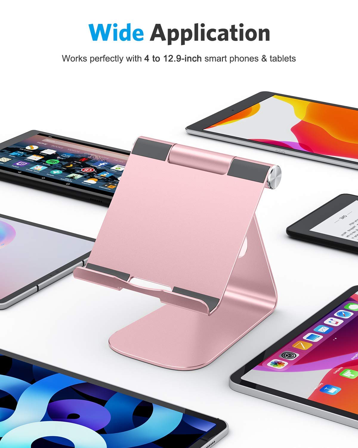 OMOTON Adjustable Aluminum Tablet Stand - Durable Desktop Holder for iPad 10.9/10.2, iPad Pro 13/12.9/11, iPad Air 6/5/Mini & Samsung Tablets Up to 13 inch (Rose Gold) - Perfect for Home Office, Kitchen, Bedroom & Travel Use
