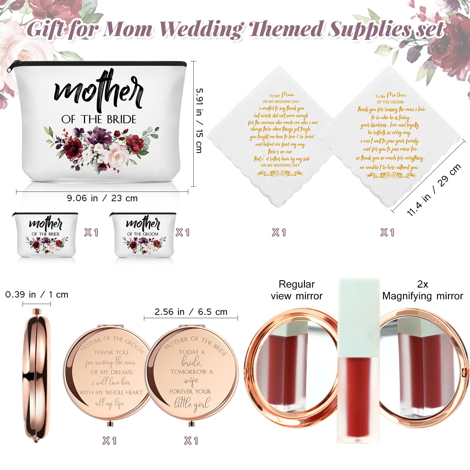 6 Pack Mother of the Bride & Groom Cosmetic Flowers Bag - Elegant Wedding Gift Set with Makeup Mirror & Handkerchief for Mother in Law - Perfect for Engagement, Bridal Shower & Wedding Day Essentials