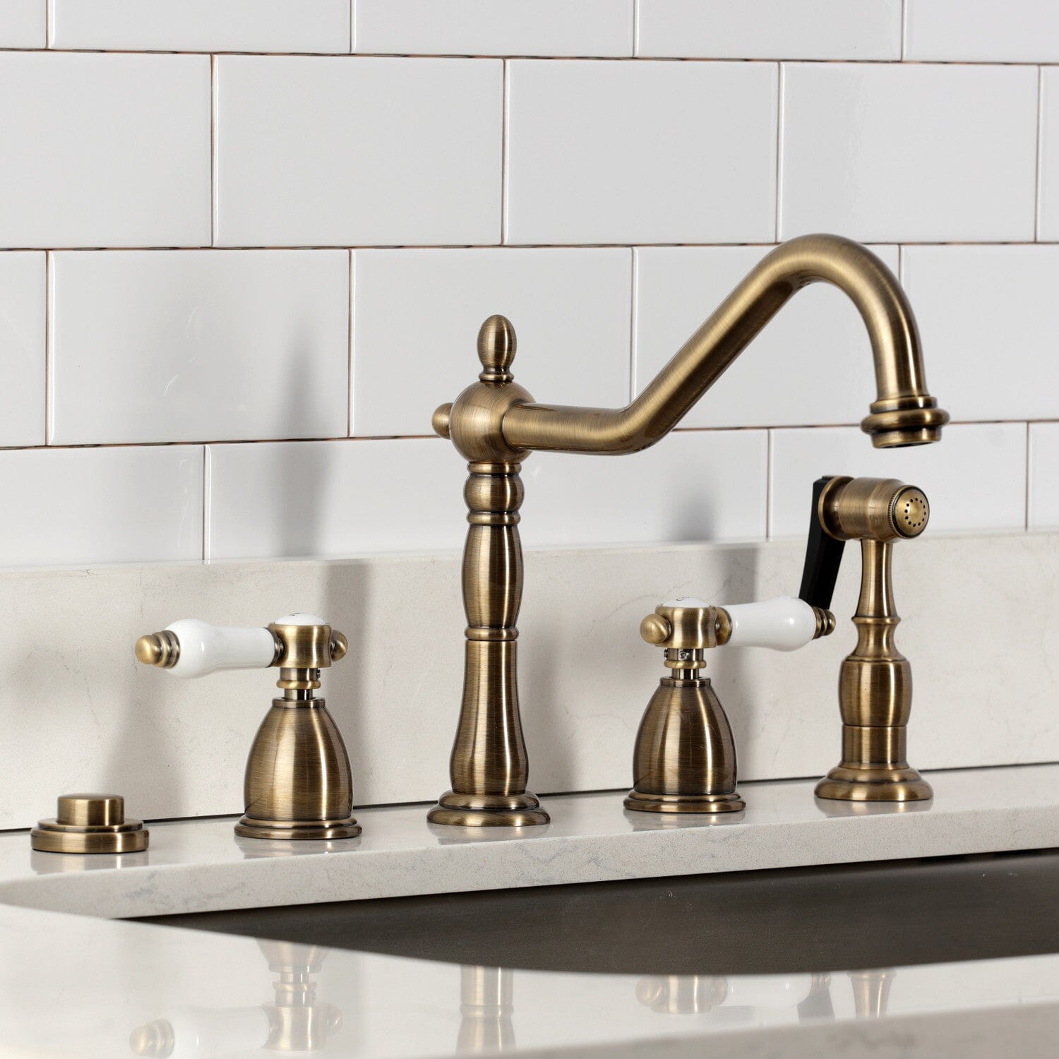 Bel Air Double Handle Widespread Kitchen Faucet with Brass Sprayer - Premium Brushed Nickel Finish for Modern Kitchens, Ideal for Cooking, Washing Dishes & Food Prep