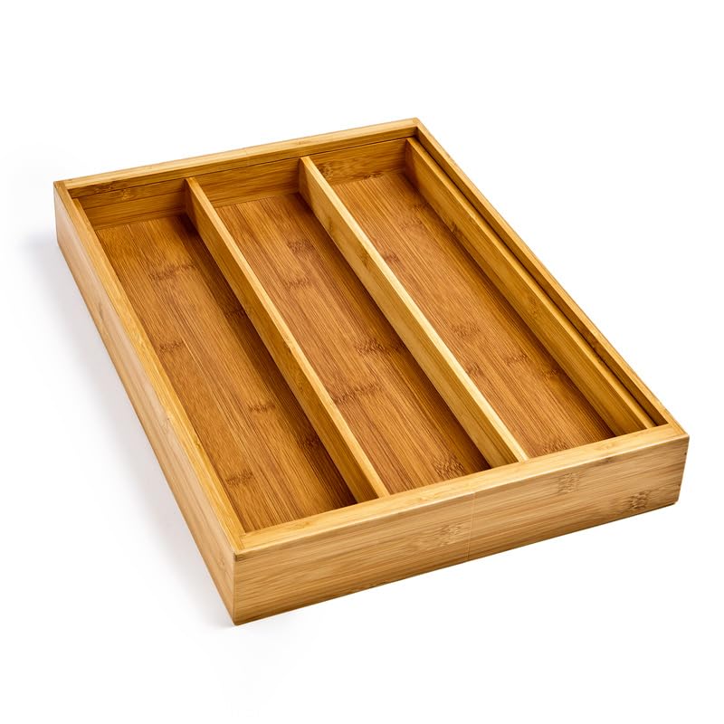Seville Classics Expandable Bamboo Organizer Tray - 5 Compartment Storage Bin for Kitchen Utensils, Office Supplies, Makeup & K-Cups | Perfect for Pantry, Closet & Desk Organization (Bamboo, Premium Quality)