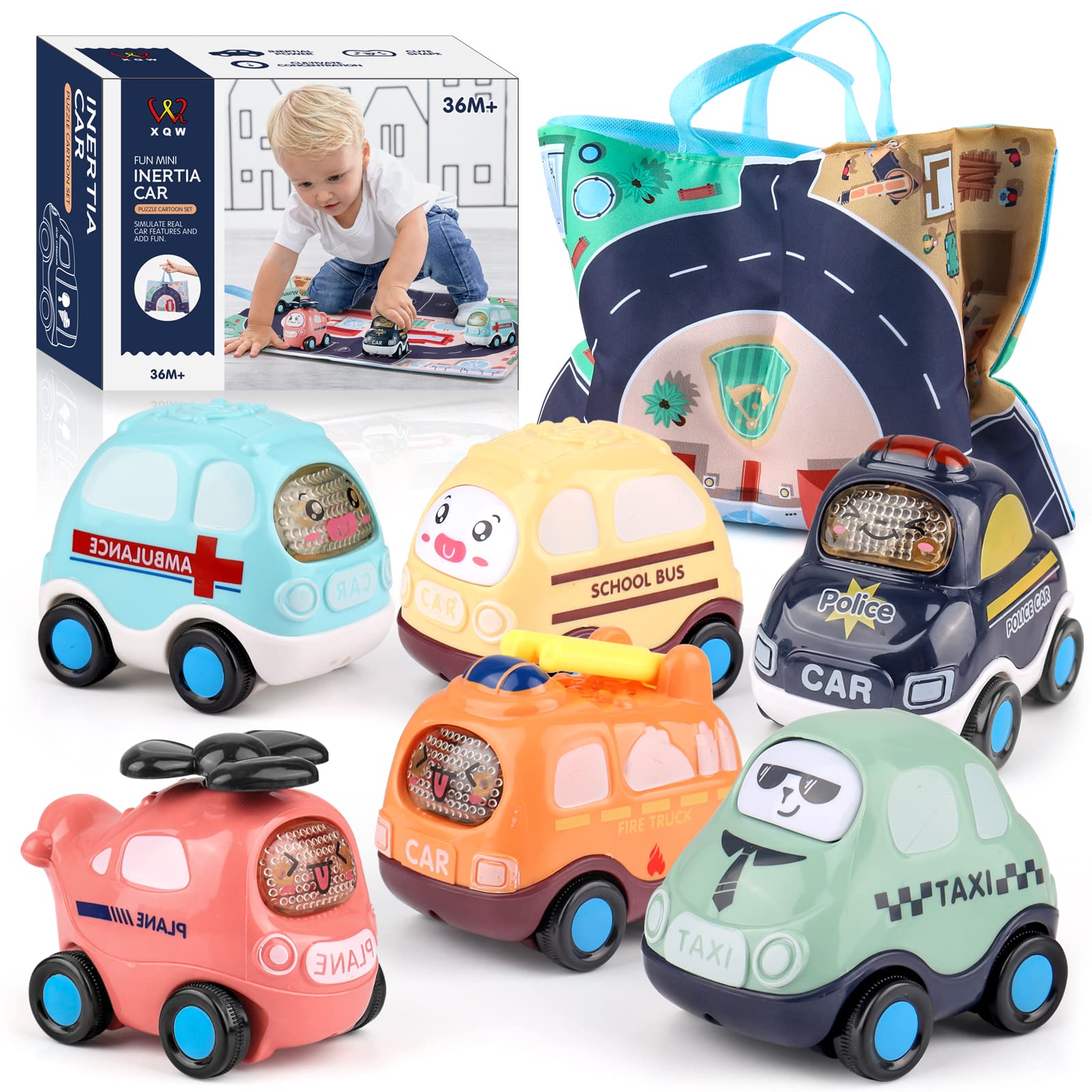 XQW 6-Piece Cartoon Inertia Push & Go Toy Cars Set with Storage Bag & Play Mat - Educational Toddler Toys for 1-6 Year Old Boys & Girls - Perfect Birthday Gift for Kids | Indoor Play, Early Learning & Developmental Activities