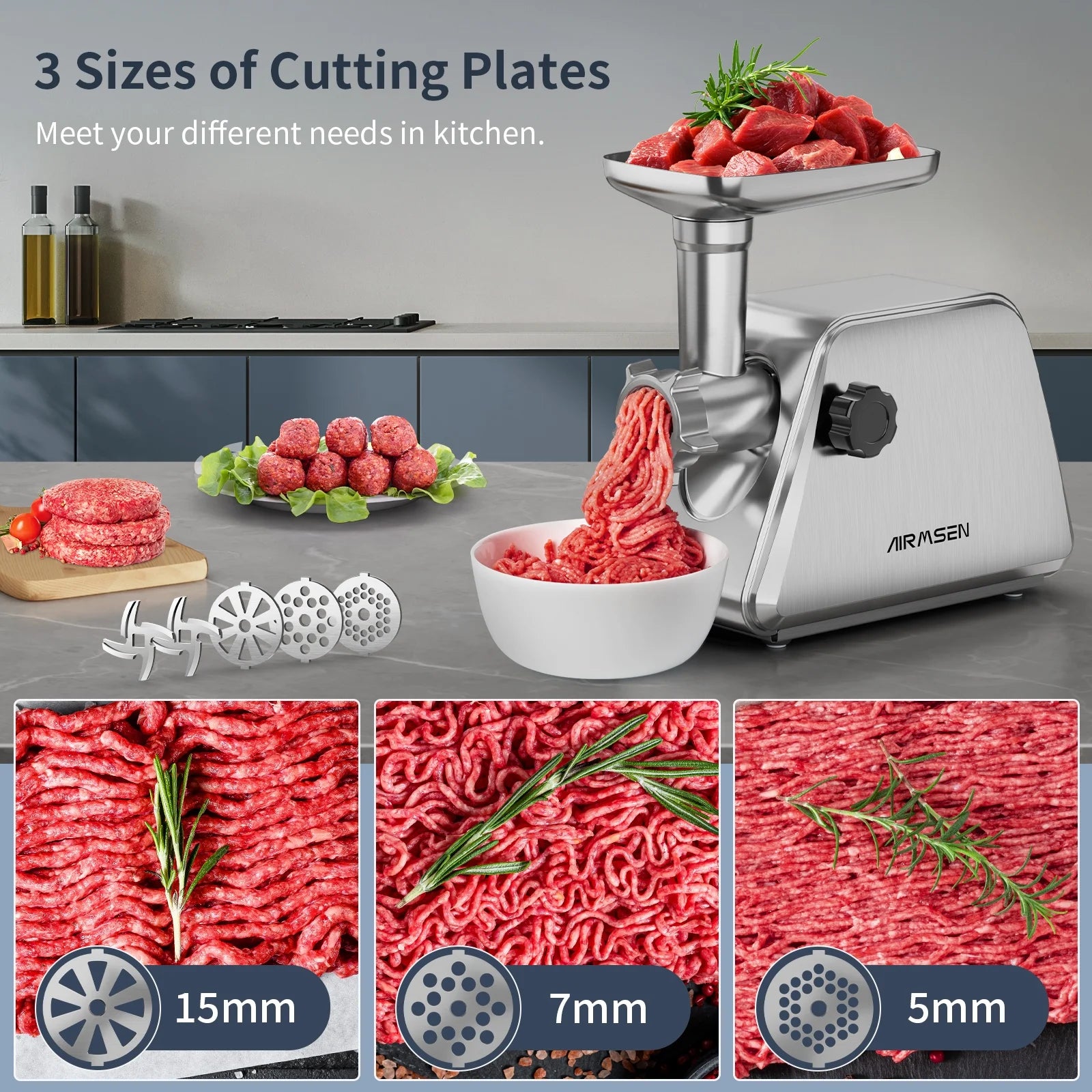 Premium Electric Meat Grinder - 3-in-1 Stainless Steel Mincer with 2 Blades & 3 Plates, Sausage & Kubbe Maker Kit for Home Kitchen & Commercial Use - Perfect for Ground Beef, Sausages, Burgers & Food Prep