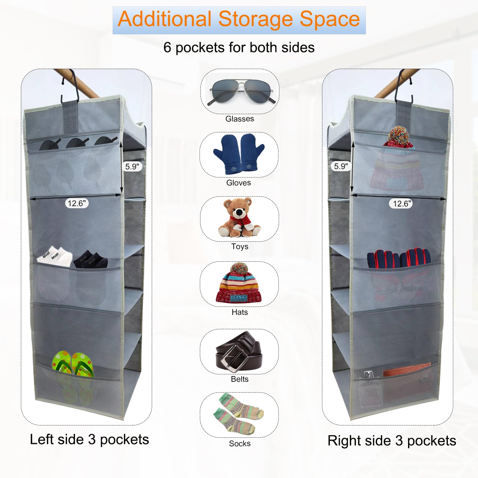 6-Tier Foldable Hanging Closet Organizer with 6 Side Pockets - Space Saving Storage for Clothes, Shoes, Hats & Toys (Grey) - Perfect for Bedroom, Closet & Dorm Organization