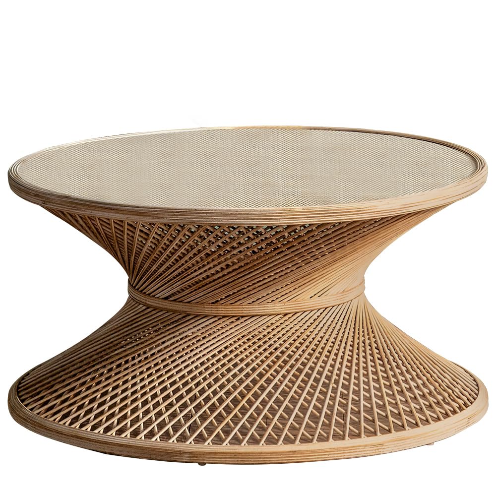 Round Rattan Coffee Table - Natural Woven Rattan End Table for Living Room, Patio, or Indoor Decor - Perfect for Coffee, Books, and Plants (Table Only)