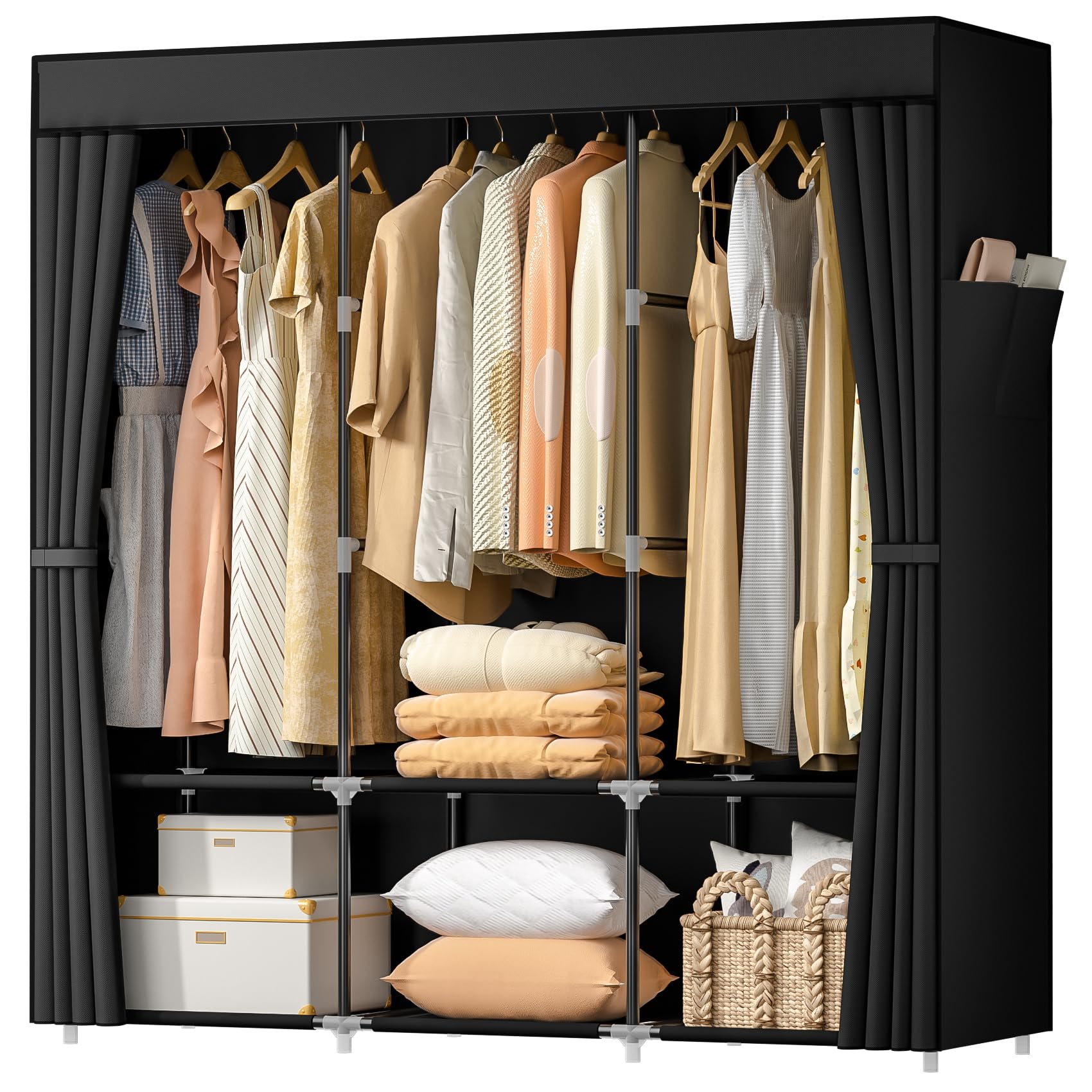 Portable Wardrobe Closet with Cover - Free Standing Clothes Rack with 3 Hanging Rods, 6 Storage Shelves & 2 Side Pockets - Perfect for Bedroom, Dorm, Apartment & Travel Organization