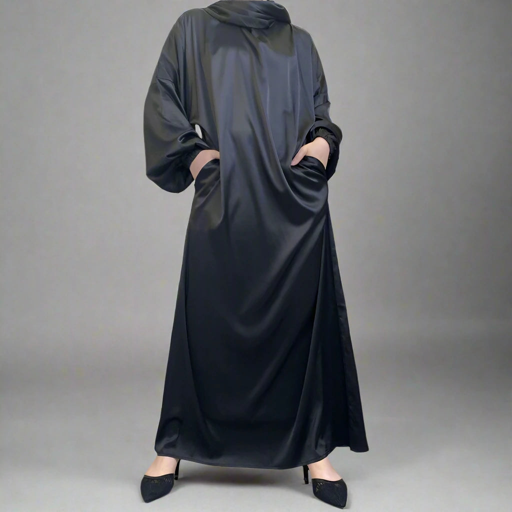 Elegant Solid Color Satin Abaya Dress with Pocket & Hijab Scarf - Perfect for Prayer, Modest Fashion, and Special Occasions
