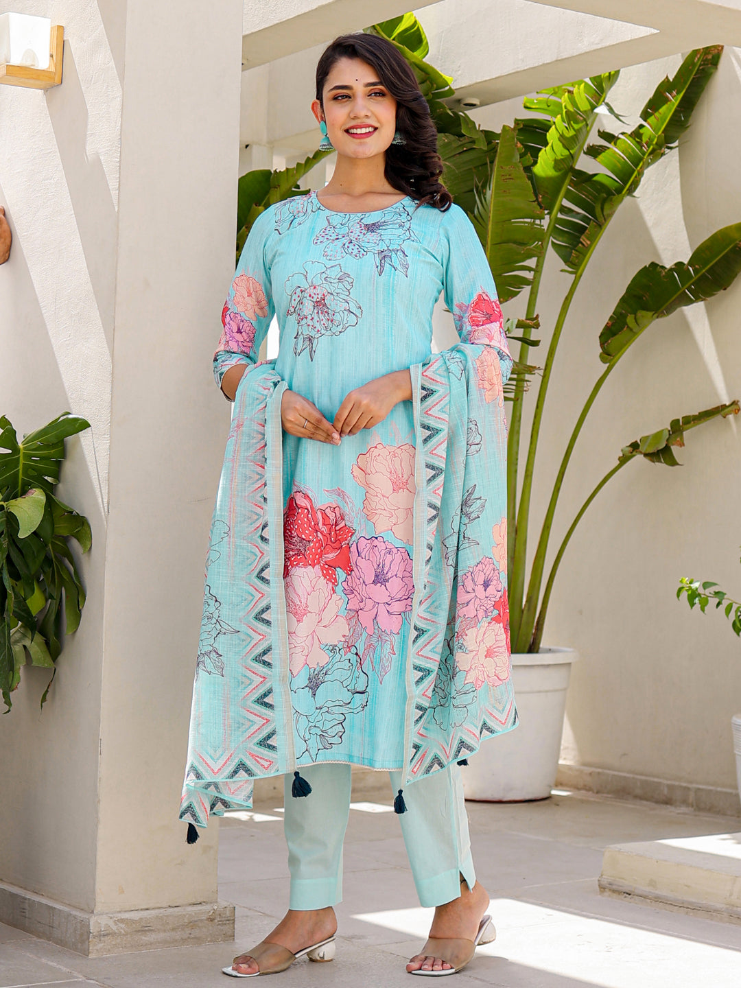 Stylish Blue Linen Pant Suit with Digital Print - Elegant Women's Office Wear & Summer Business Attire
