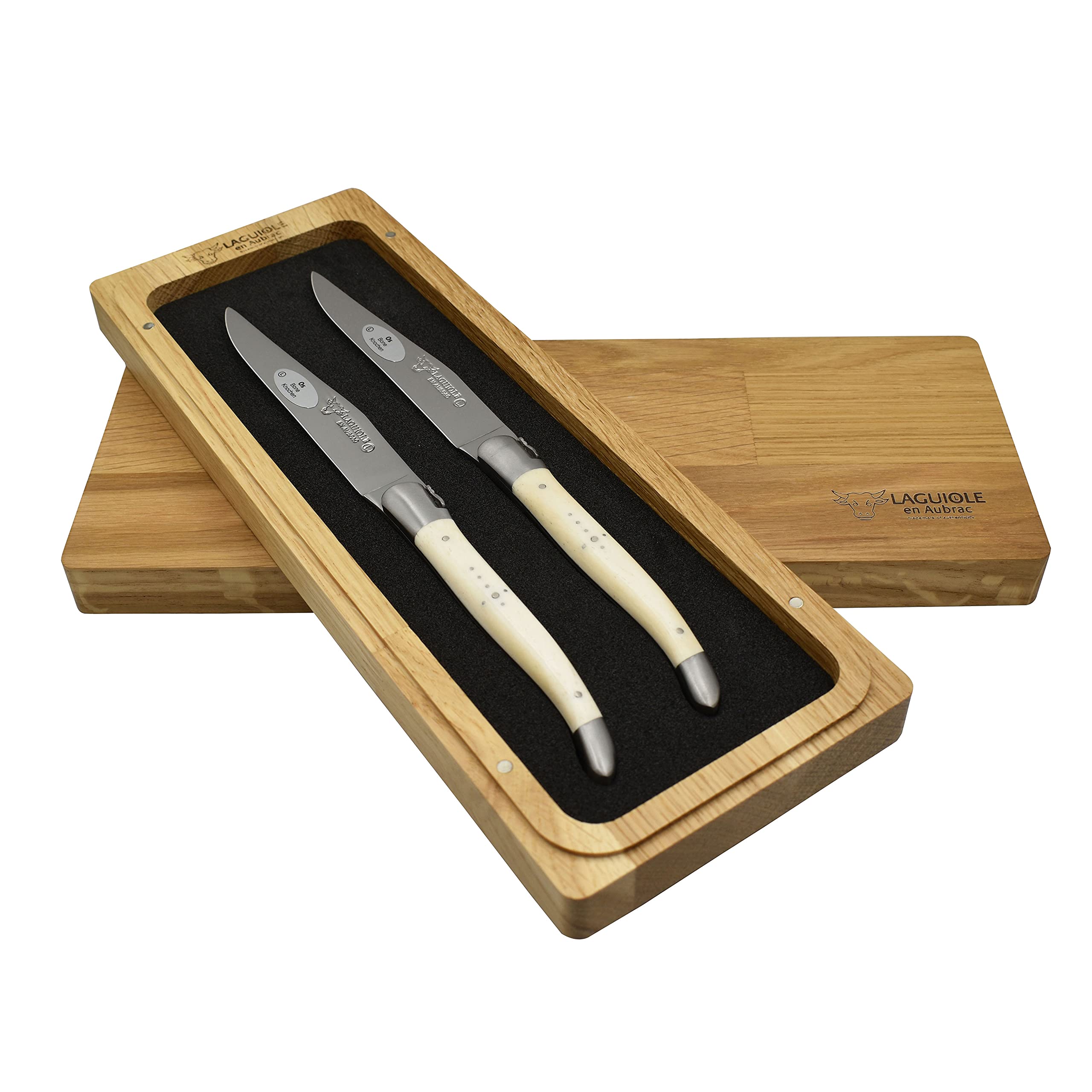 Premium Laguiole en Aubrac Forged Full Tang Steak Knives Set - 2 Stainless Steel Blades with Zebu Bone Handle & Brushed Bolsters - Perfect for Fine Dining, Steakhouse Experience & Gourmet Gifts