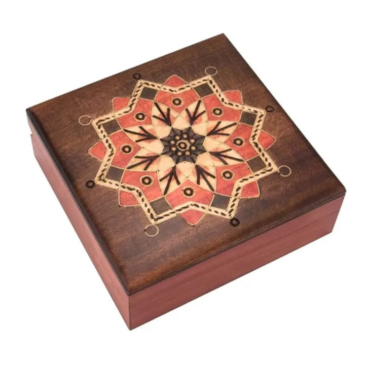 Handcrafted Wooden Box with Red Kaleidoscope Design - Perfect for Jewelry Storage, Gift Box & Home Decor