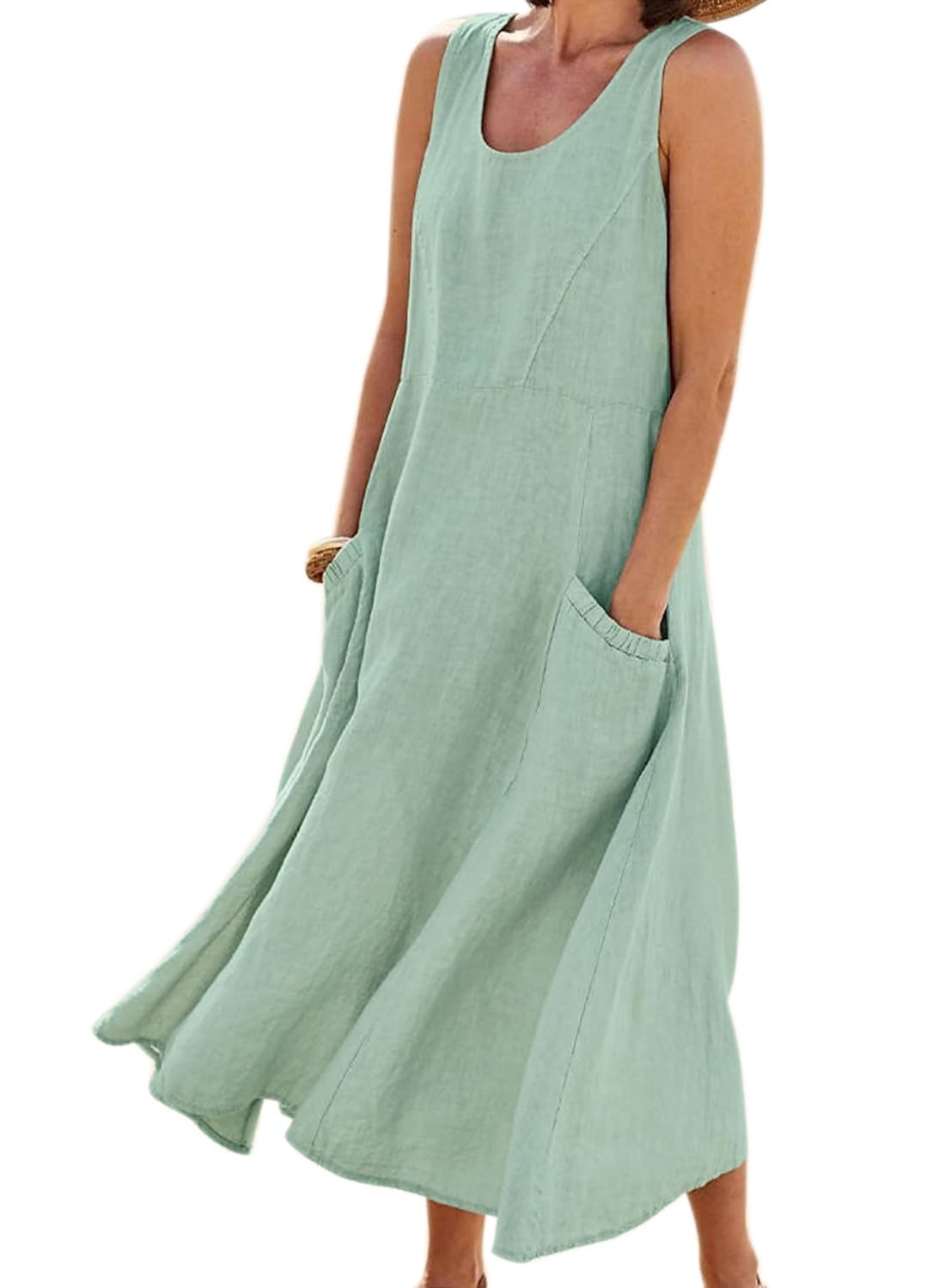 Women's Summer Casual Sleeveless Cotton Linen Maxi Dress with Pockets - Breathable Beach Cover Up, Boho Chic Lounge Dress for Vacation & Outdoor Activities