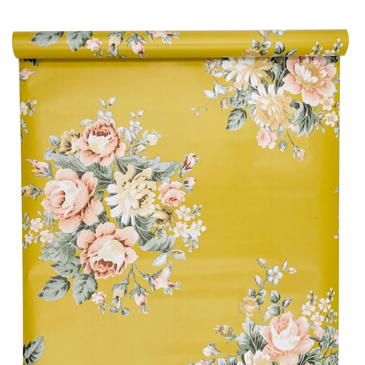 Vintage Peony Floral Self-Adhesive Shelf Liner - Dark Yellow Peel & Stick Drawer Liner - 17.7