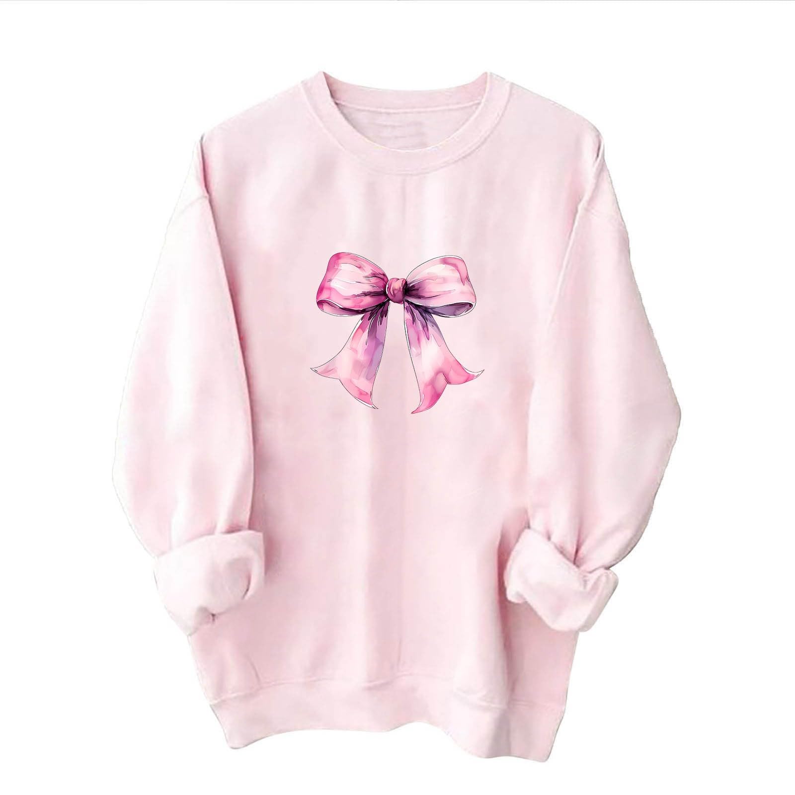 Women's Akklian Cute Cherry Bow Print Long Sleeve Oversized Sweatshirt - Kawaii Loose Pullover for Teen Girls, Preppy Pink Hoodie for Casual Wear & Cozy Outings