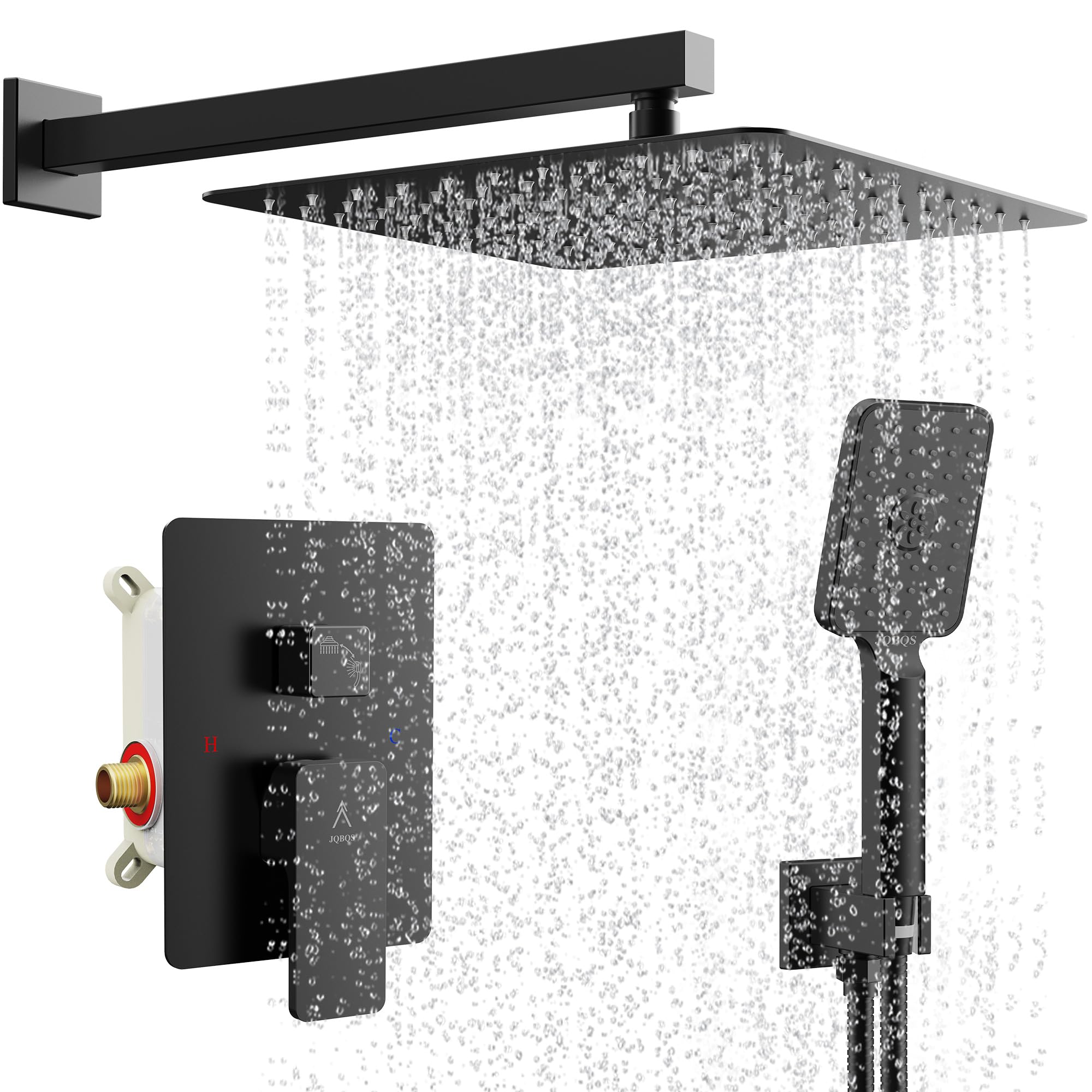Modern Brass Rain Shower System - High Pressure Square Rainfall Shower Valve with Handheld Sprayer, Diverter & Wall Mount (12 Inch, Matte Black) - Perfect for Luxury Bathrooms & Spa-Like Shower Experience