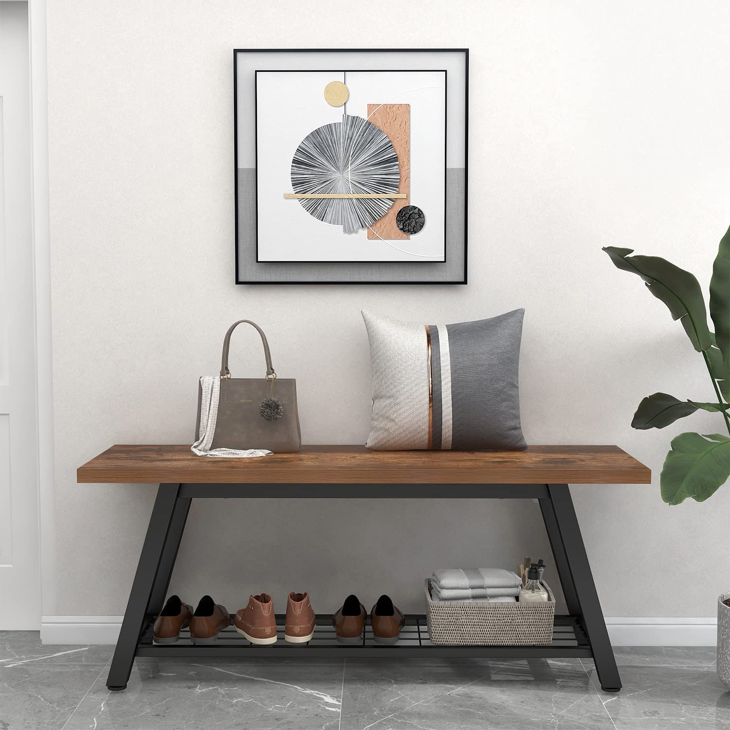 Industrial Rustic Wooden and Metal Storage Bench - Entryway Shoe & Boot Organizer, Long Hallway Seat for Bedroom, Farmhouse Style (Retro Brown) - Perfect for Mudrooms, Living Rooms & Small Spaces