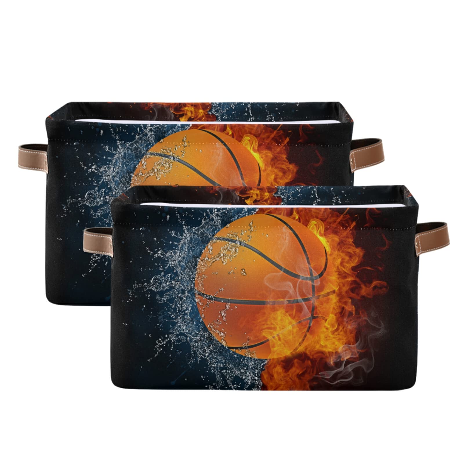 Collapsible Storage Baskets with Handles - 2 Pack Sport Theme Decorative Storage Bins for Basketball, Water & Fire Design - Perfect for Nursery, Closet, Office, Home & Bedroom Organization | Space-Saving Storage Solution for Sports Gear, Toys & Home Essentials