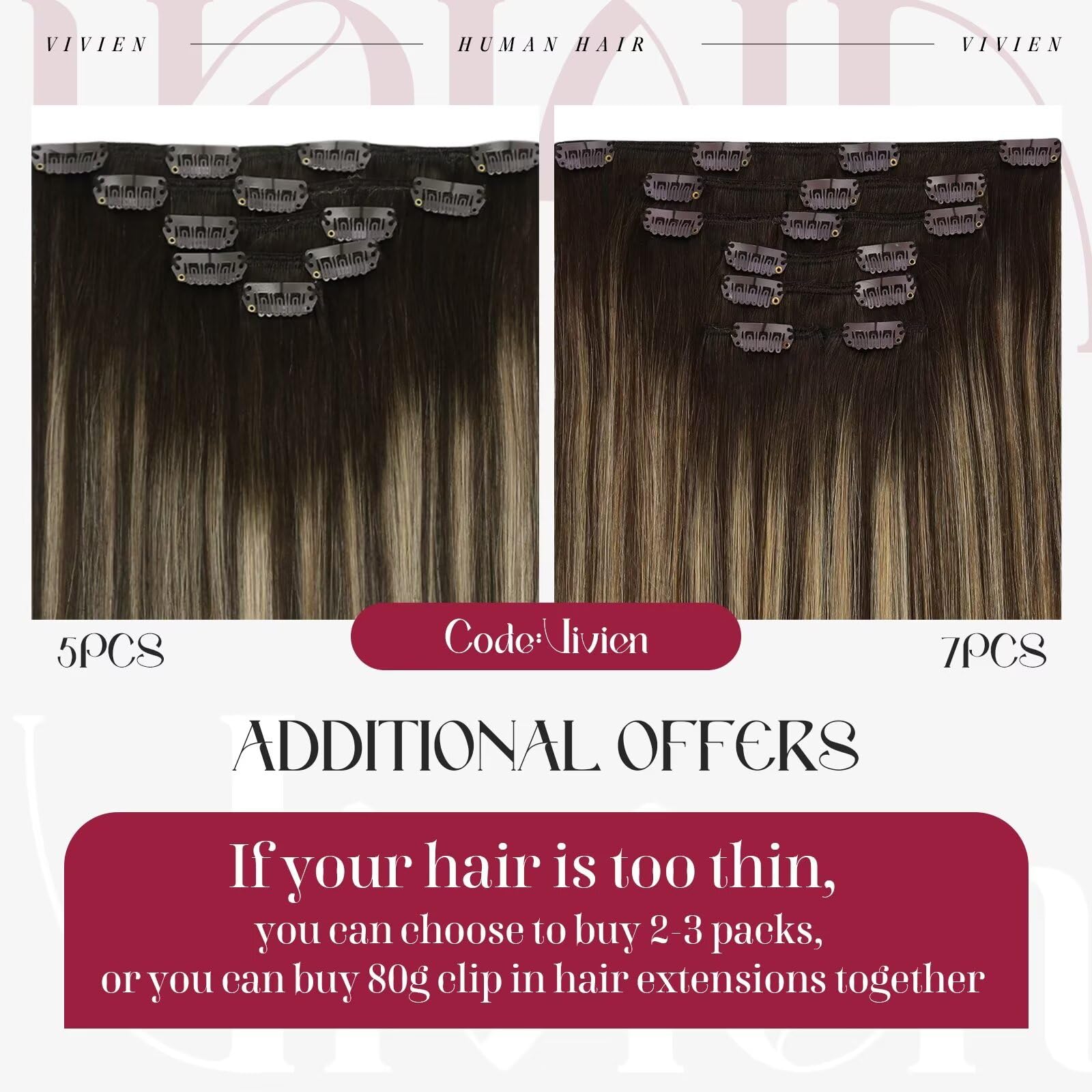 Vivien Remy Clip-In Invisible Hair Extensions 24 Inch - Balayage Brown to Caramel Blonde Ombre, 7-Piece Set (135g) Real Human Hair for Volume & Length | Perfect for Weddings, Parties & Daily Styling