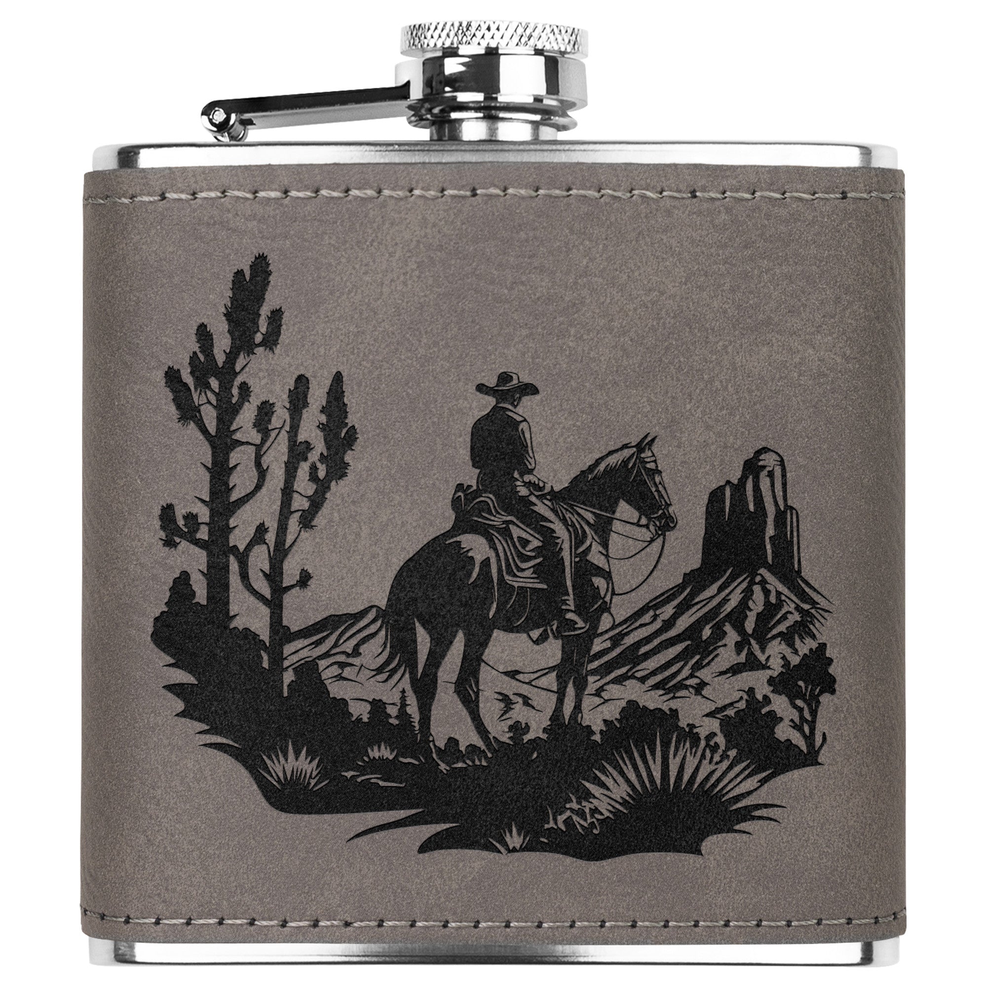 Premium Cowboy Desert Leather Flask - Engraved Metal Hip Flask for Whiskey, Bourbon & Liquor - Perfect for Outdoor Adventures, Camping & Gifts