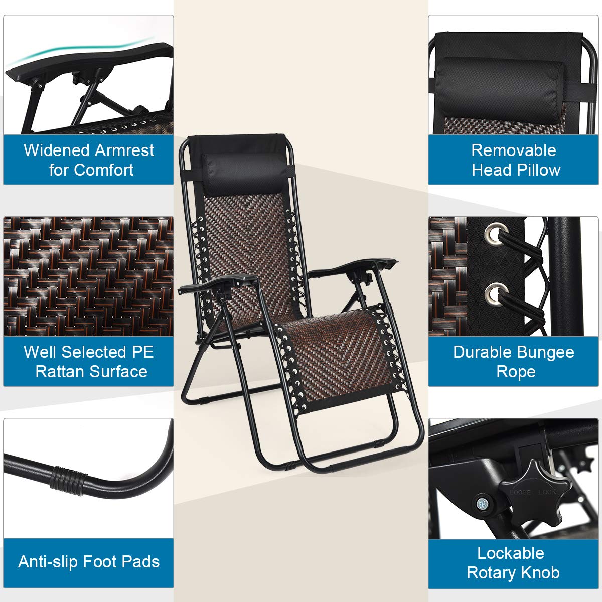 Tangkula Patio Rattan Zero Gravity Lounge Chair - Outdoor Folding Recliner with Removable Head Pillow, Adjustable Backrest & Locking System - Widened Armrests for Balcony, Yard, Poolside Relaxation (2-Pack, Coffee Brown) - Perfect for Sunbathing, Lounging by the Pool, or Backyard Relaxation