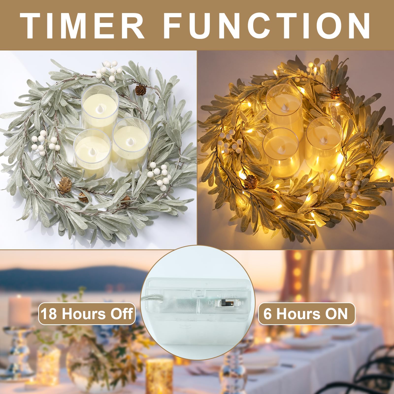 Artgar 6FT Battery Operated Olive Vine Garland with LED Lights & Timer - Artificial Green Prelit Garland for Fireplace Mantle, Table Decor - Perfect for Spring, Christmas, Wedding & Holiday Decorations (Indoor/Outdoor Use)
