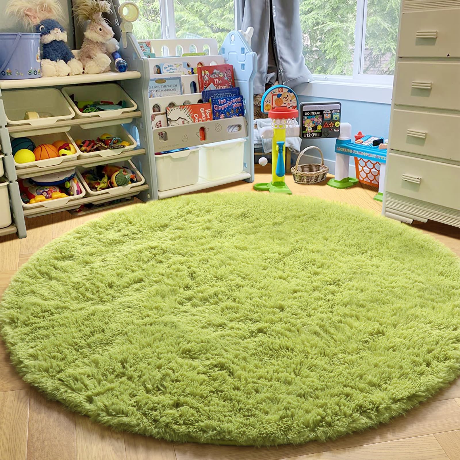 Fluffy Shag Circle Area Rug 4FT - Soft Grass Green Round Carpet for Bedroom, Nursery, Kids Room & Dorm Decor | Aesthetic Fuzzy Moss Floor Mat for Living Room, Classroom & Apartment | Cozy Boho Home Decor