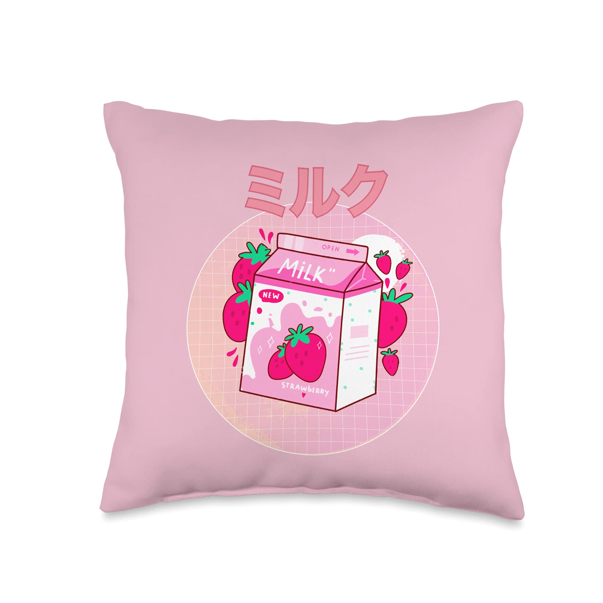Japanese Kawaii Strawberry Retro 90s Milk Shake Carton Funny Throw Pillow - 16x16 Inch Multicolor Cute Decorative Pillow for Bedroom, Living Room, Dorm & Anime Lover Gift