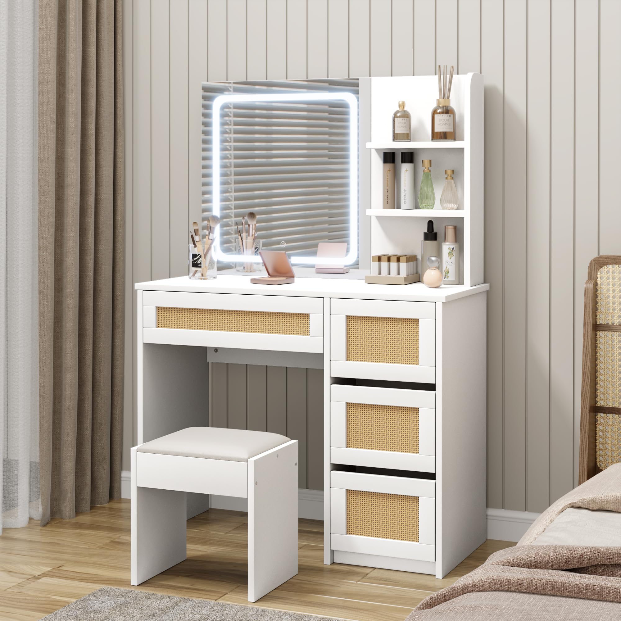GAOMON White Rattan Makeup Vanity Desk with Mirror & LED Lights - 4 Drawers & 3-Tier Open Shelves for Storage - Boho Style Vanity Table for Bedroom, Dressing Room & Beauty Salon - Perfect for Makeup Organization & Home Decor